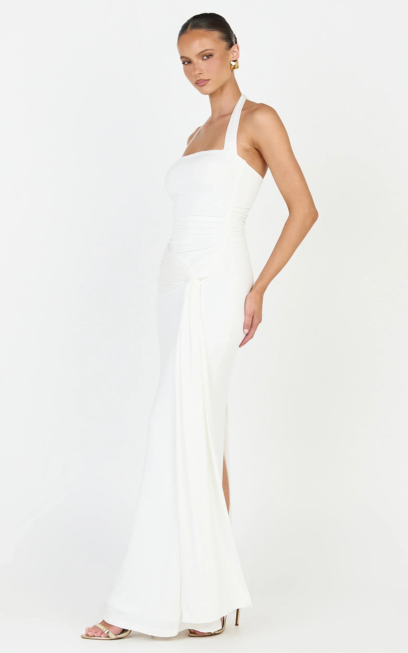 Amaya Maxi Dress - Draped Sash Halter Dress in White