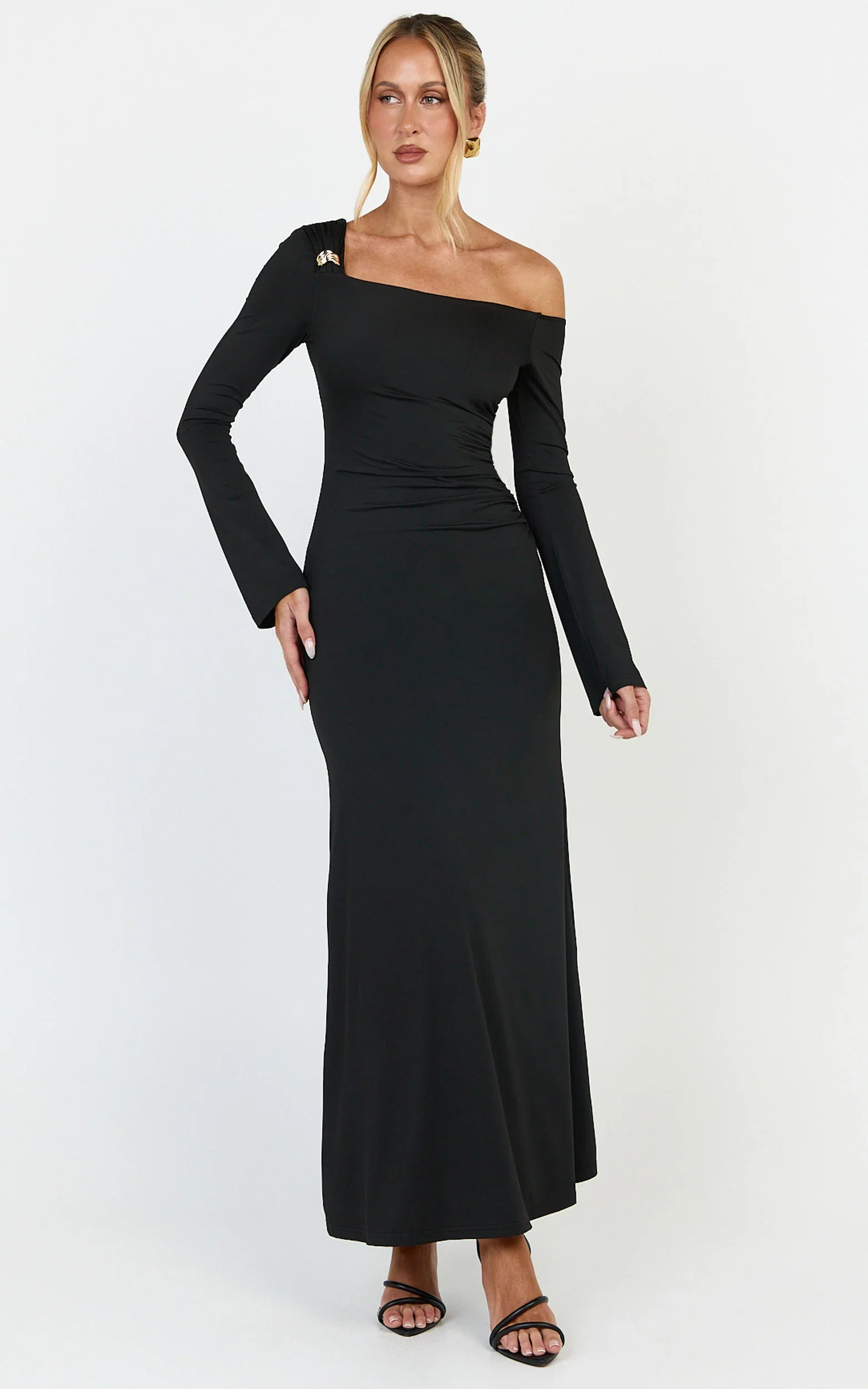 Daisy Maxi Dress - Long Sleeve Gold Hardware Detail Maxi Dress in Black