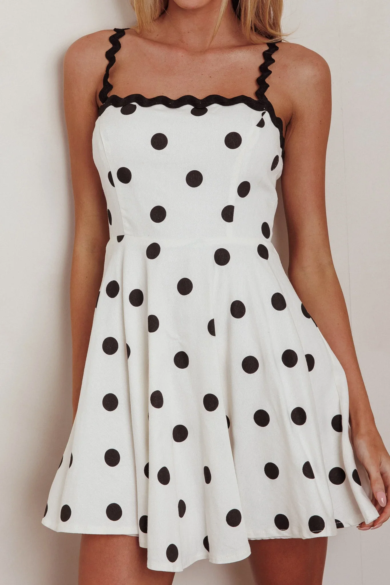 Won Me Over Polka Dot Ric Rac Mini Dress White - luluinthesky