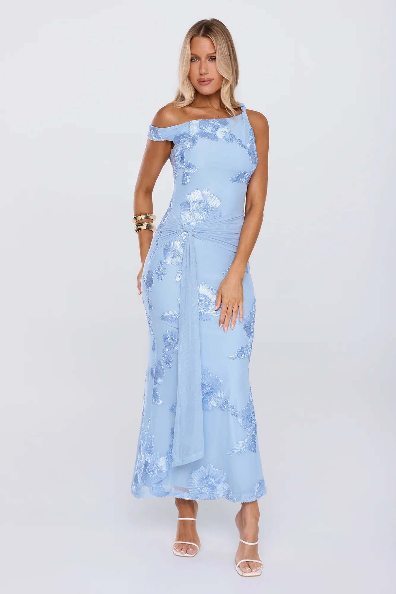 Future Icon Off Shoulder Mesh Maxi Dress Blue