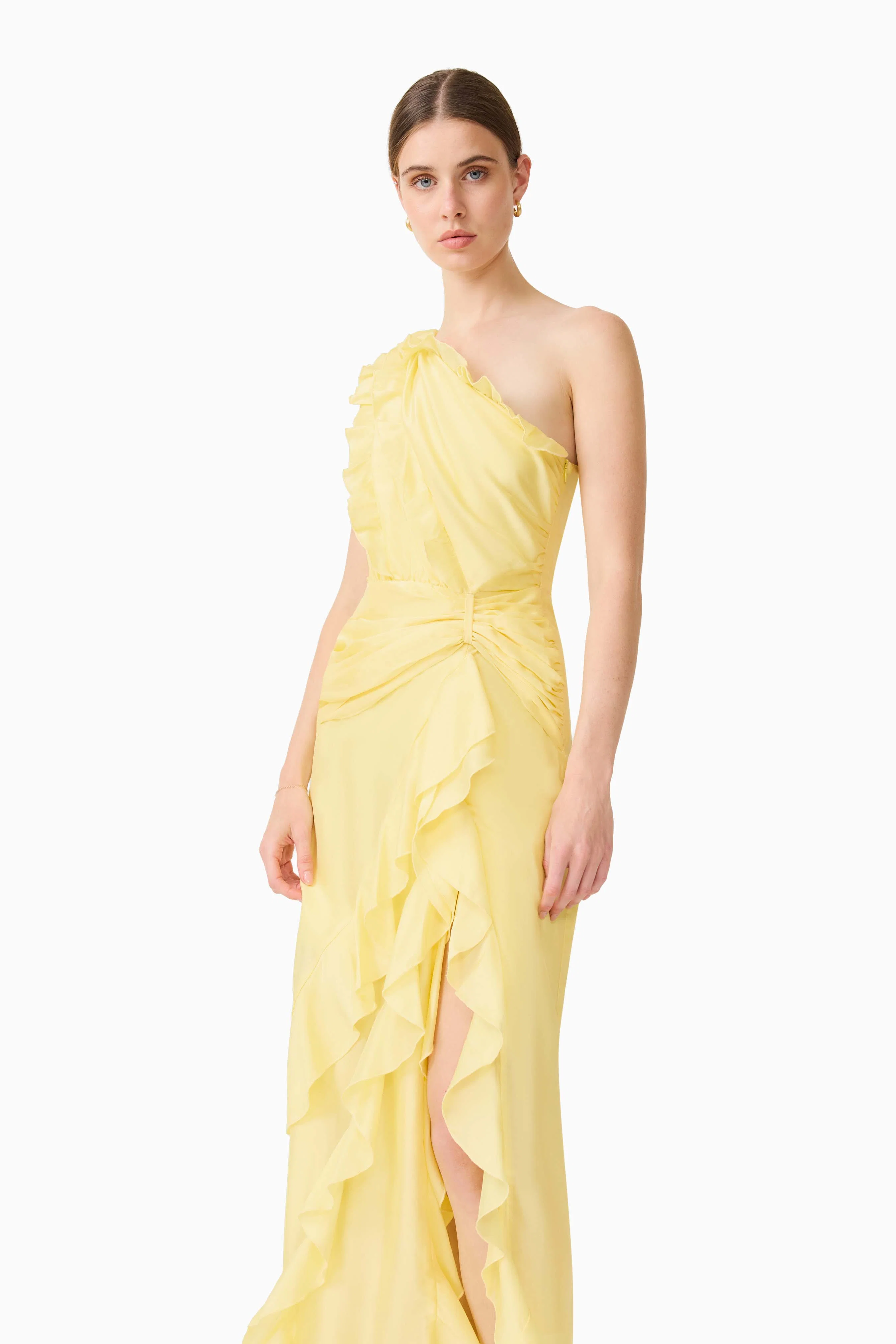Lucinda One Shoulder Gown in Lemon Yellow