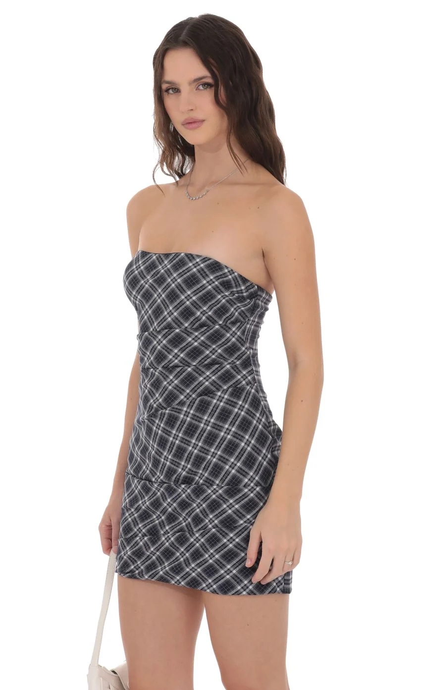 Plaid Strapless Bodycon Dress in Navy