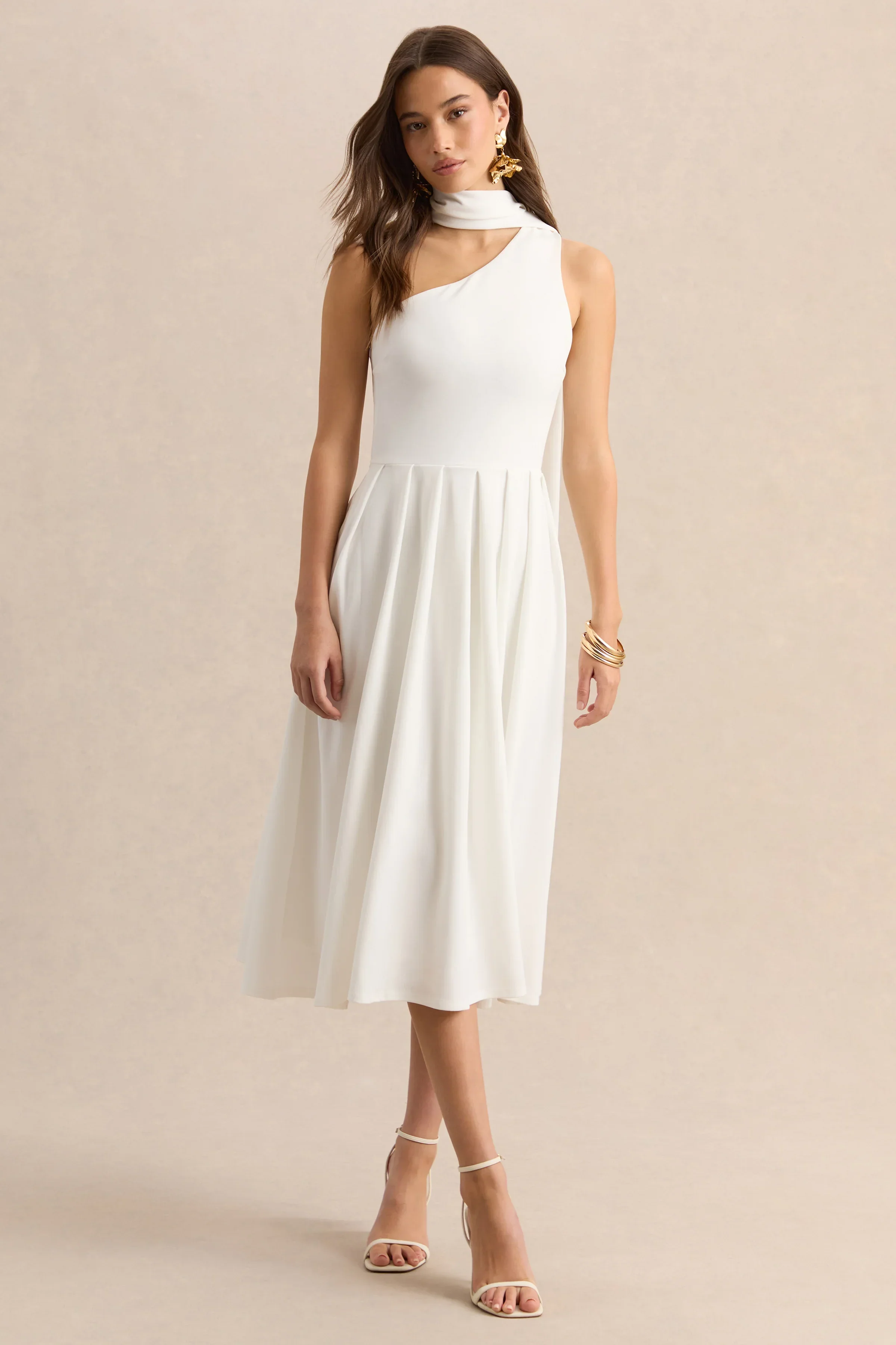 Odette | White Asymmetric-Neck Midi Dress With Scarf