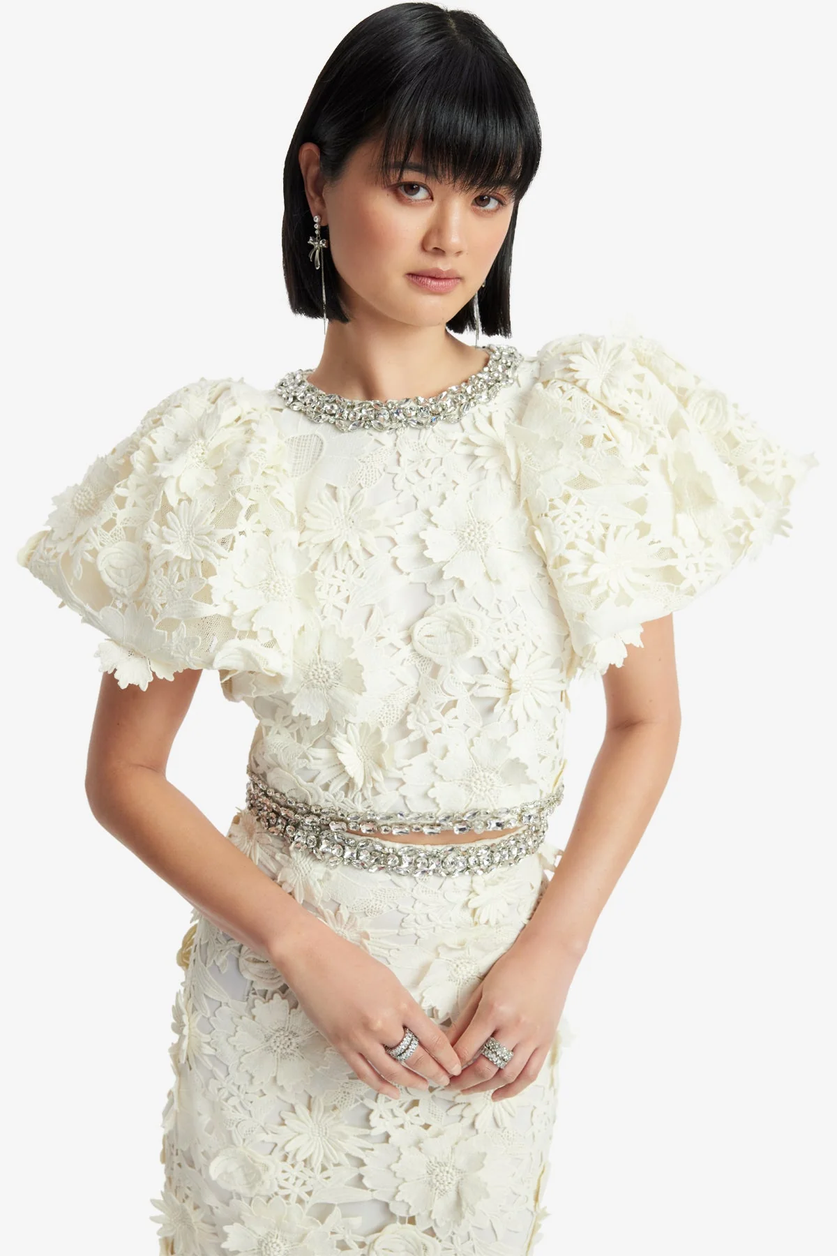 Lucia Embellished Lace Top - Snow