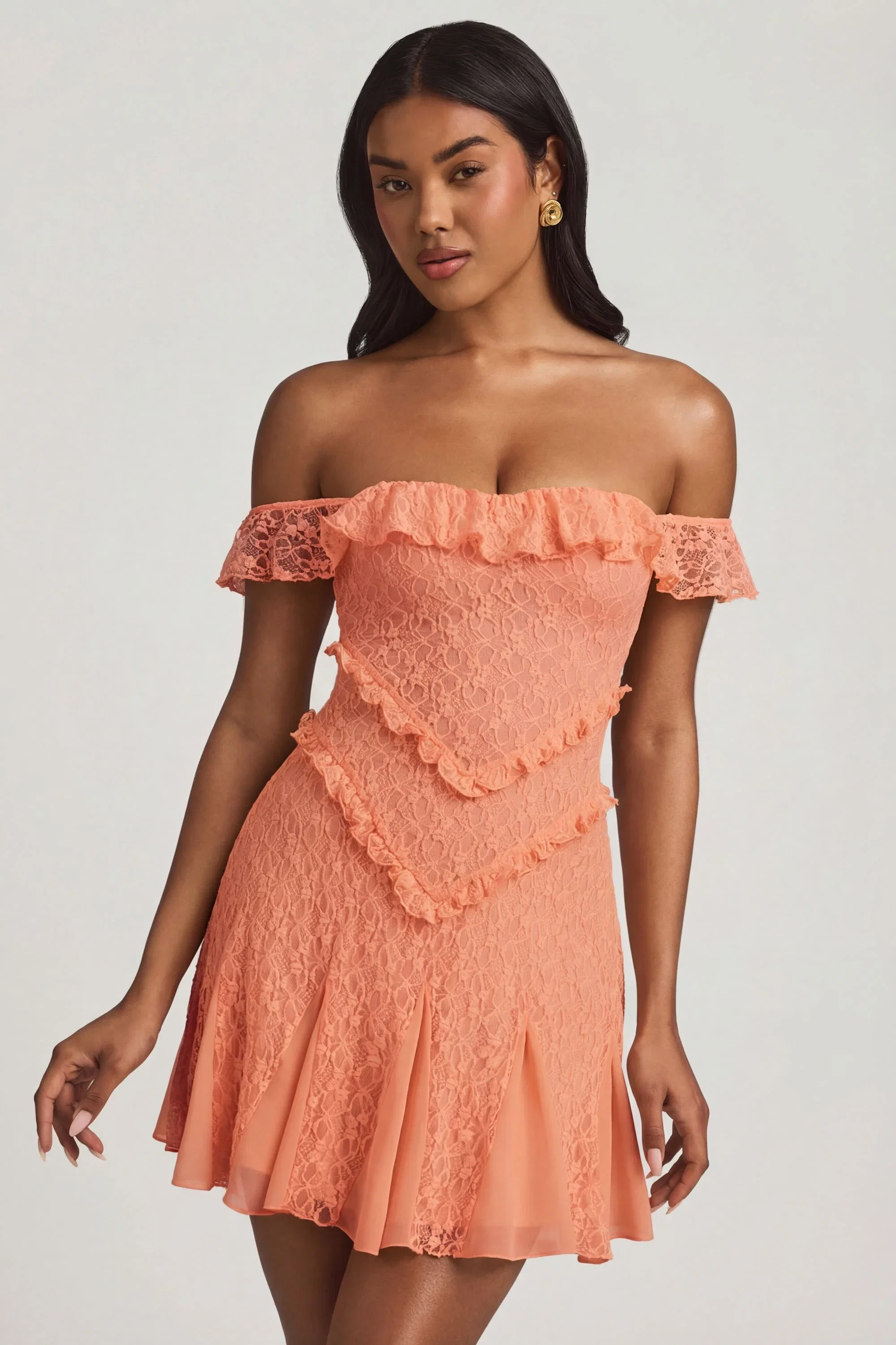 Off-Shoulder Lace A-Line Mini Dress in Peach - FASHION NOB
