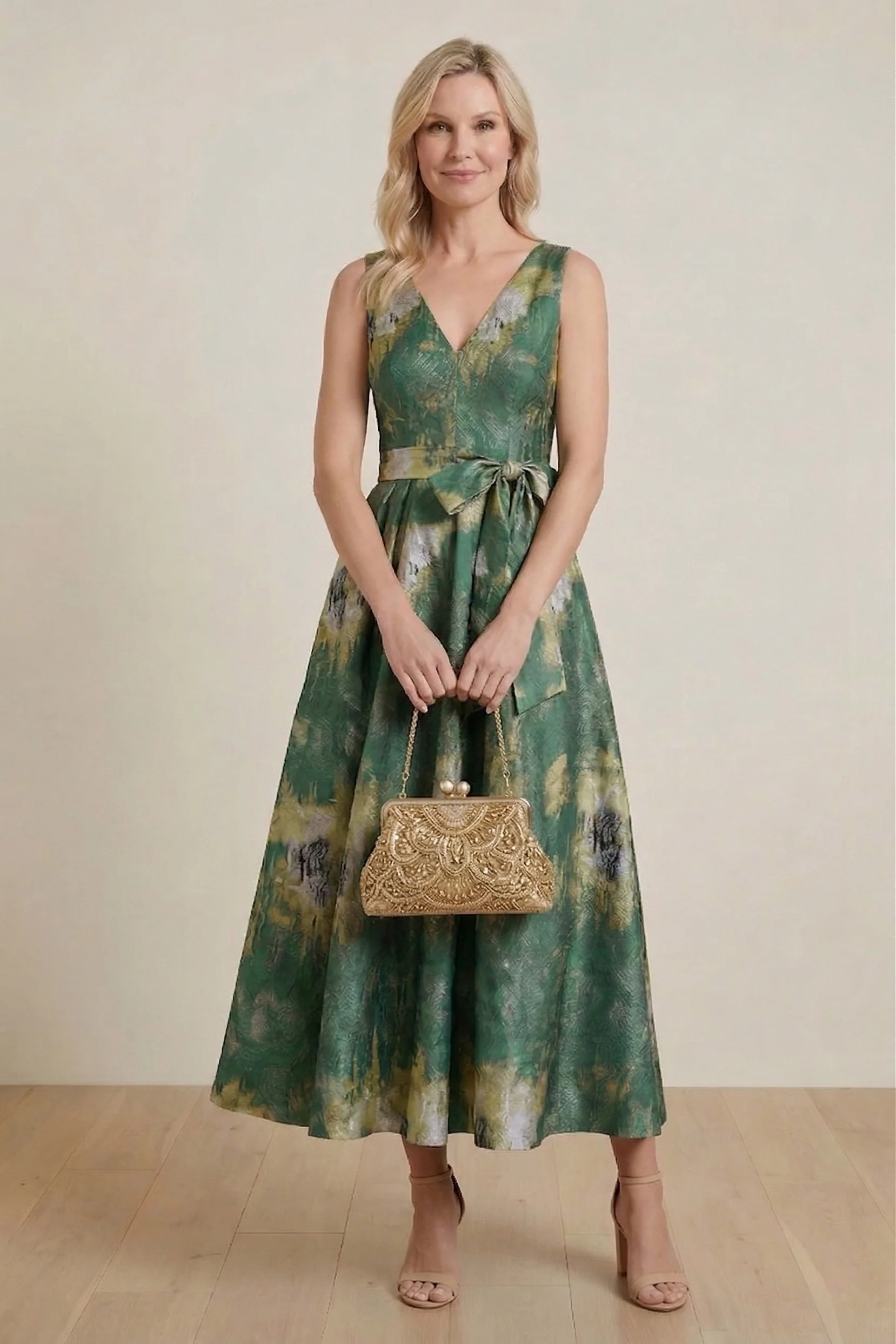 A-Line Tea-Length Jacquard Mother of the Bride Dress CM0425