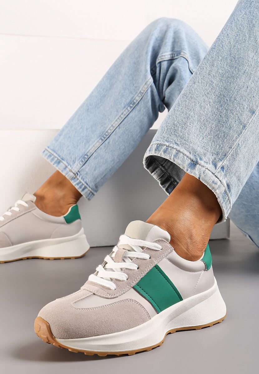 Beżowo-Pomarańczowe Skórzane Sneakersy z Materiałowymi Wstawkami Celana
