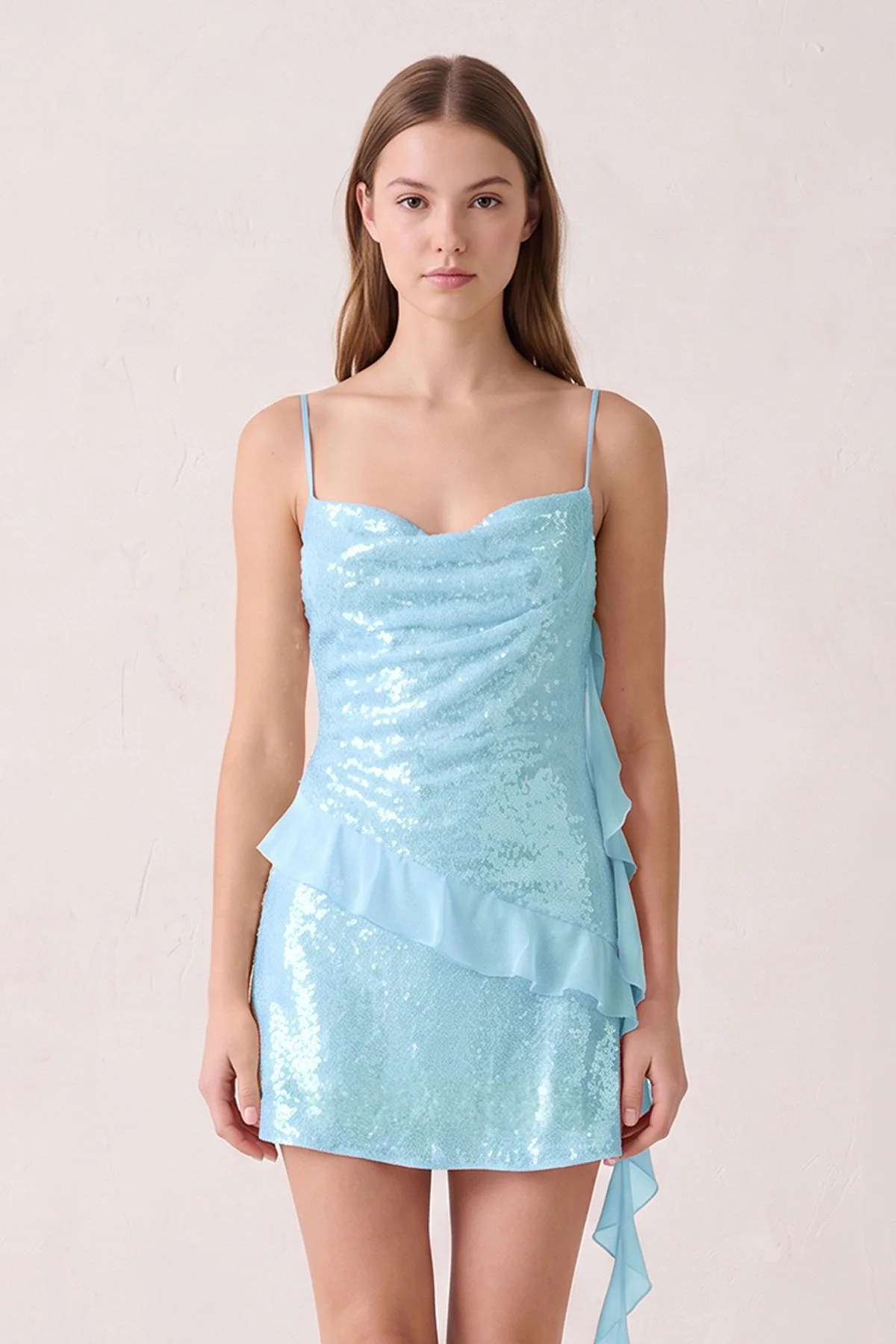 Pink Spaghetti Straps Sequin Ruched Ruffled Sheath Homecoming Dress