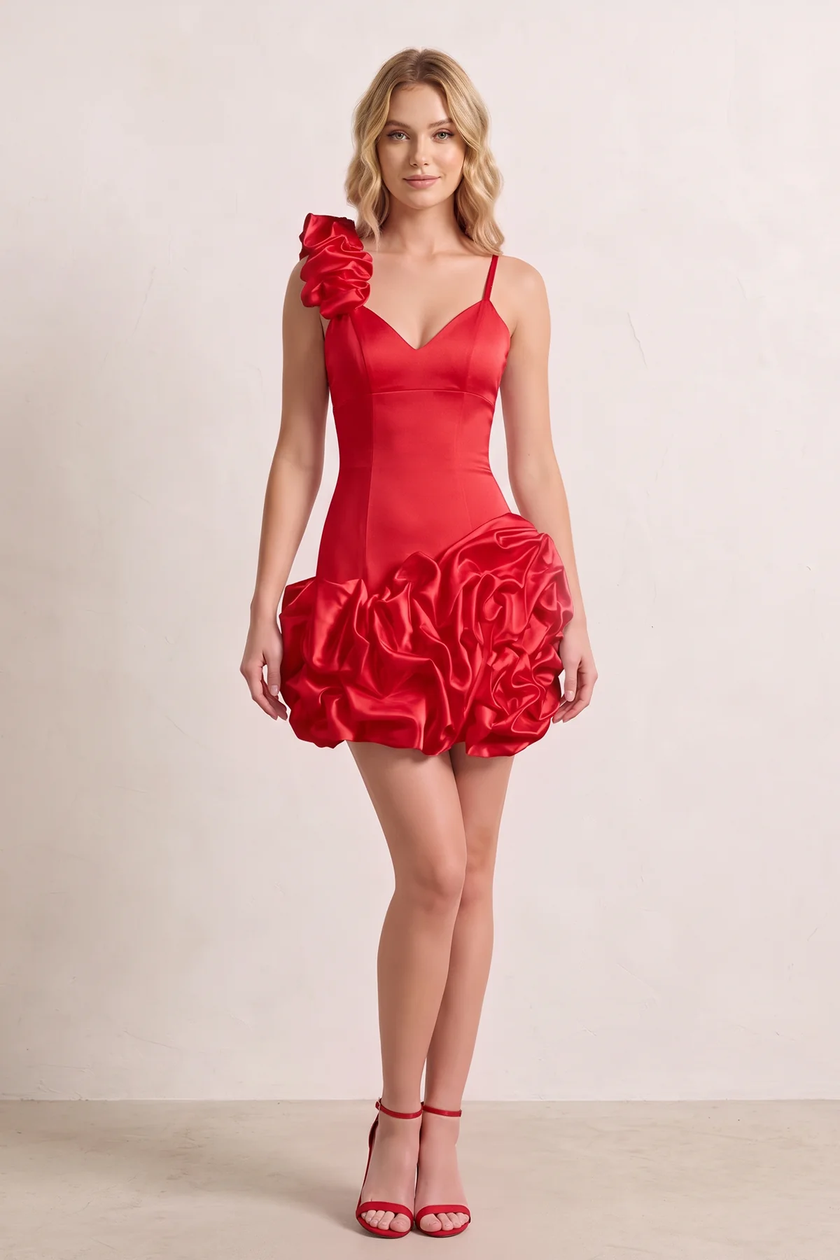 Red Sheath Spandex Ruched V Neck Homecoming Dresses with Ruffles