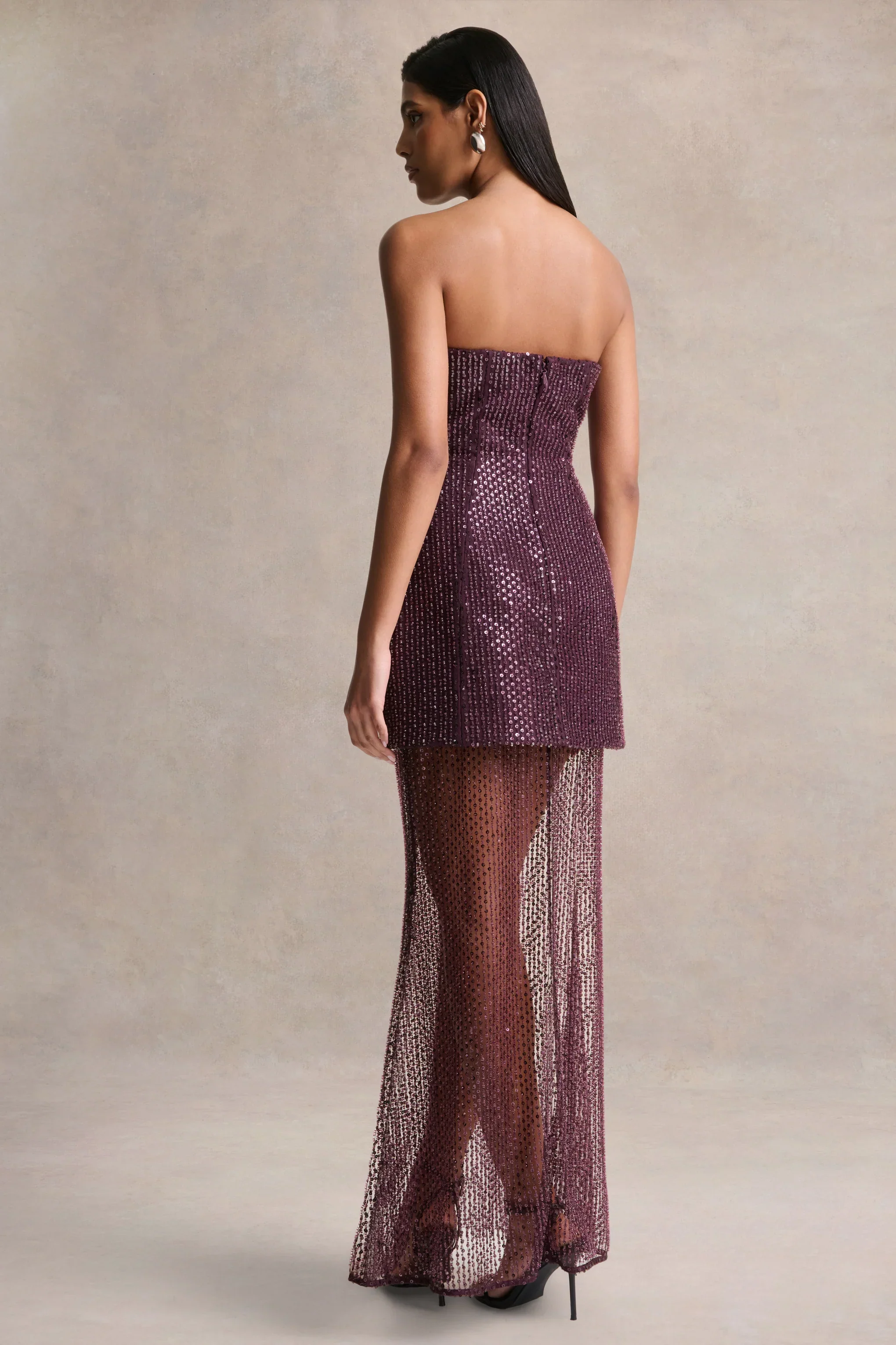 Luciana | Purple Sequin Embellished Bandeau Maxi Dress