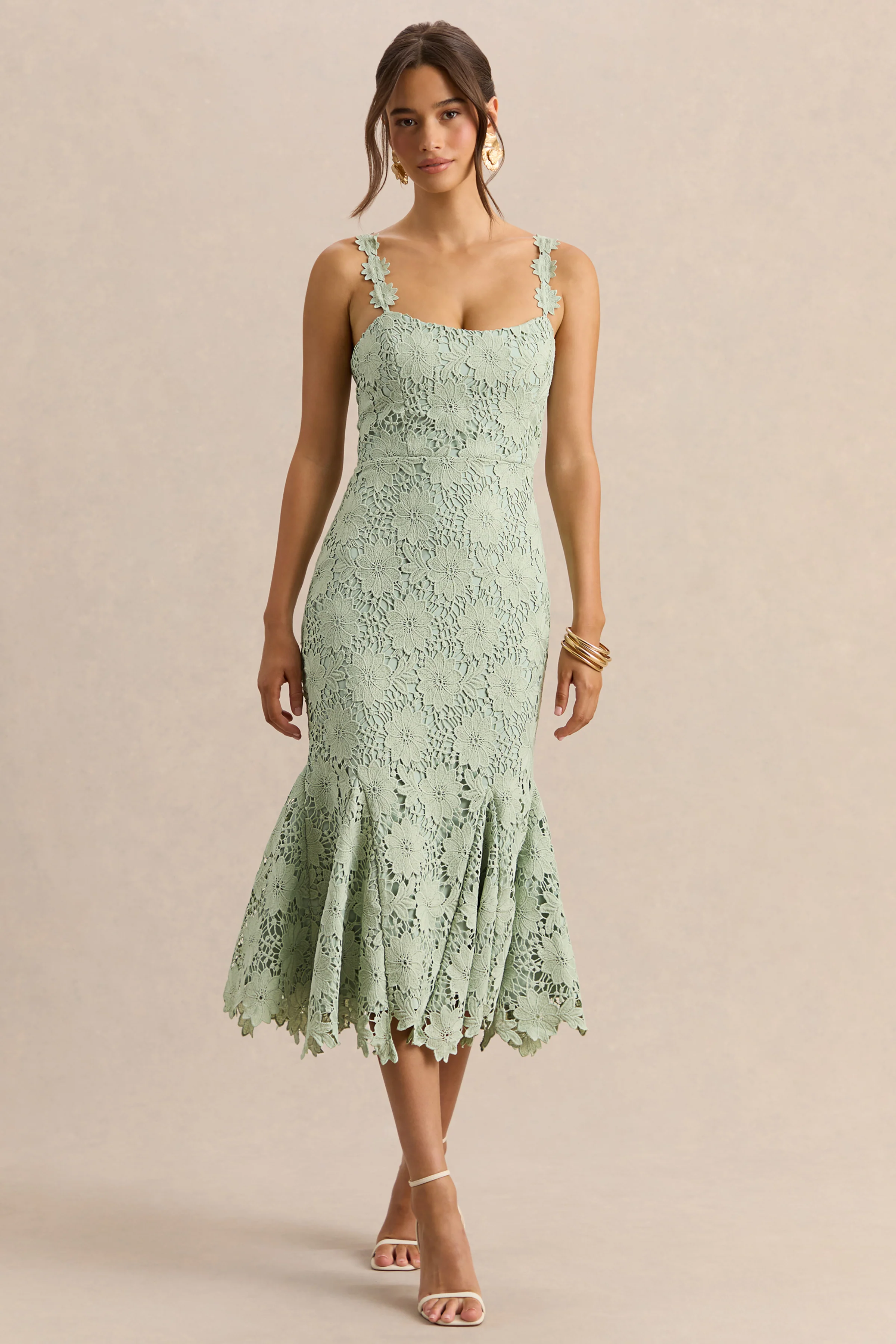 Melia | Sage Lace Scoop-Neck Midi Dress