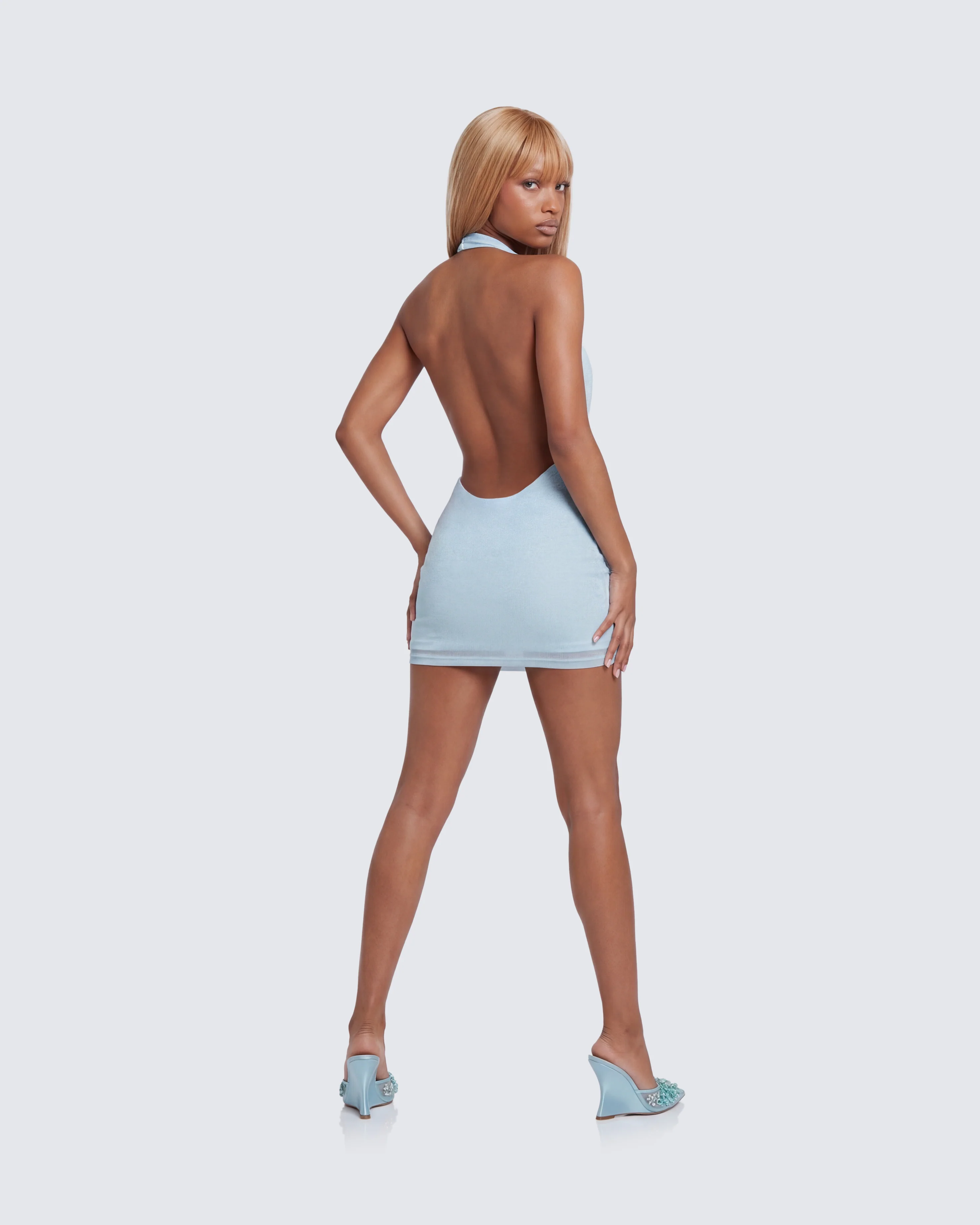 Akimi Blue Sparkle Halter Mini Dress