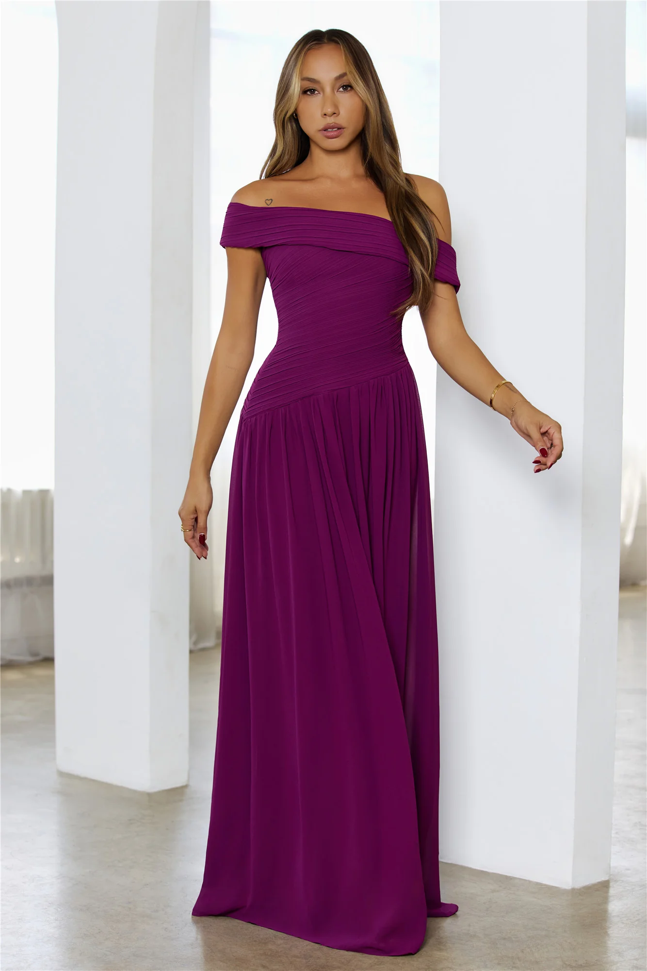 Elegant Evening Affair Off The Shoulder Maxi Dress Purple