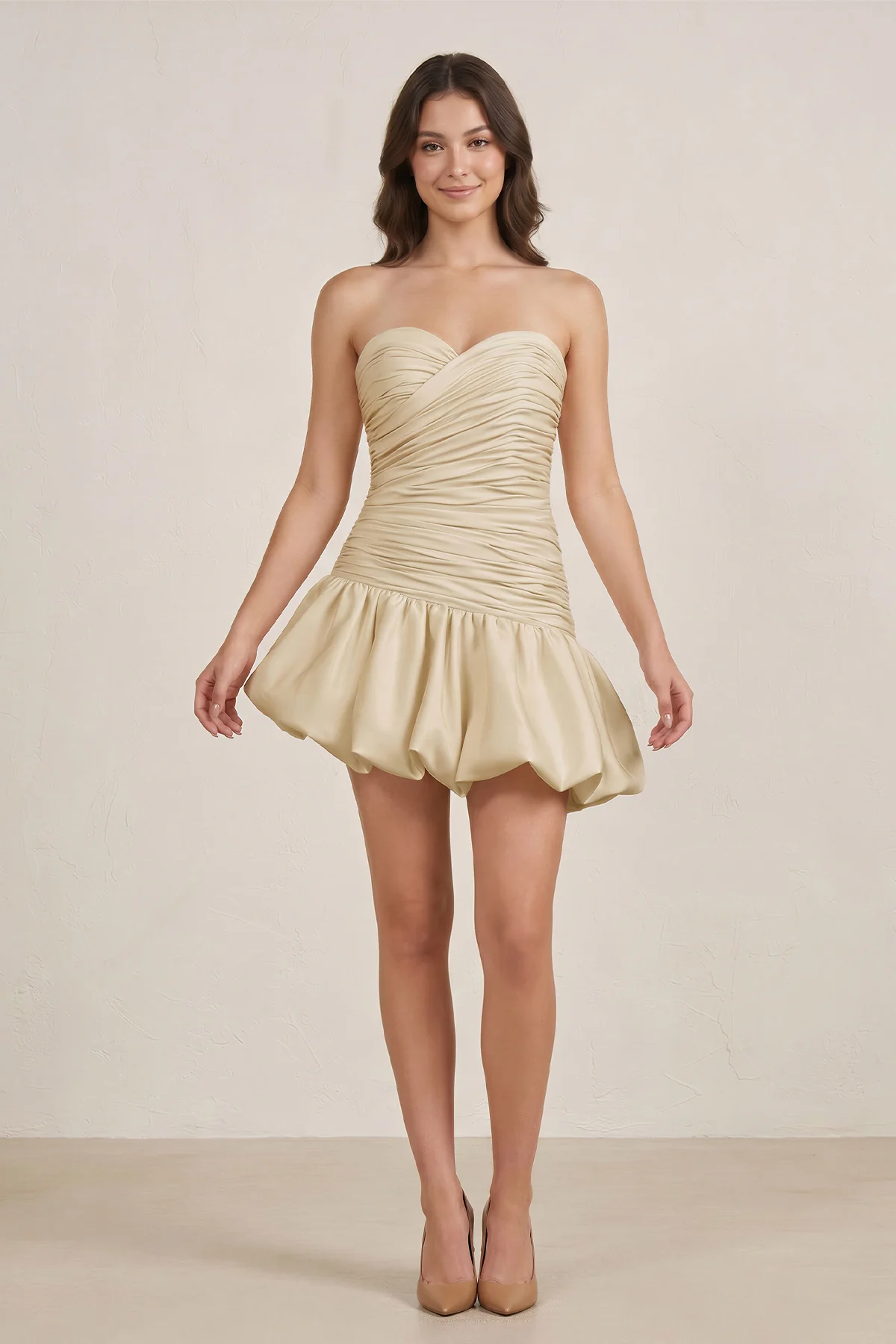 Champagne Strapless A-Line Satin Balloon Draped Homecoming Dress