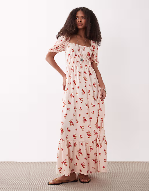 Miss Selfridge seersucker puff sleeve milkmaid maxi dress in peach floral print