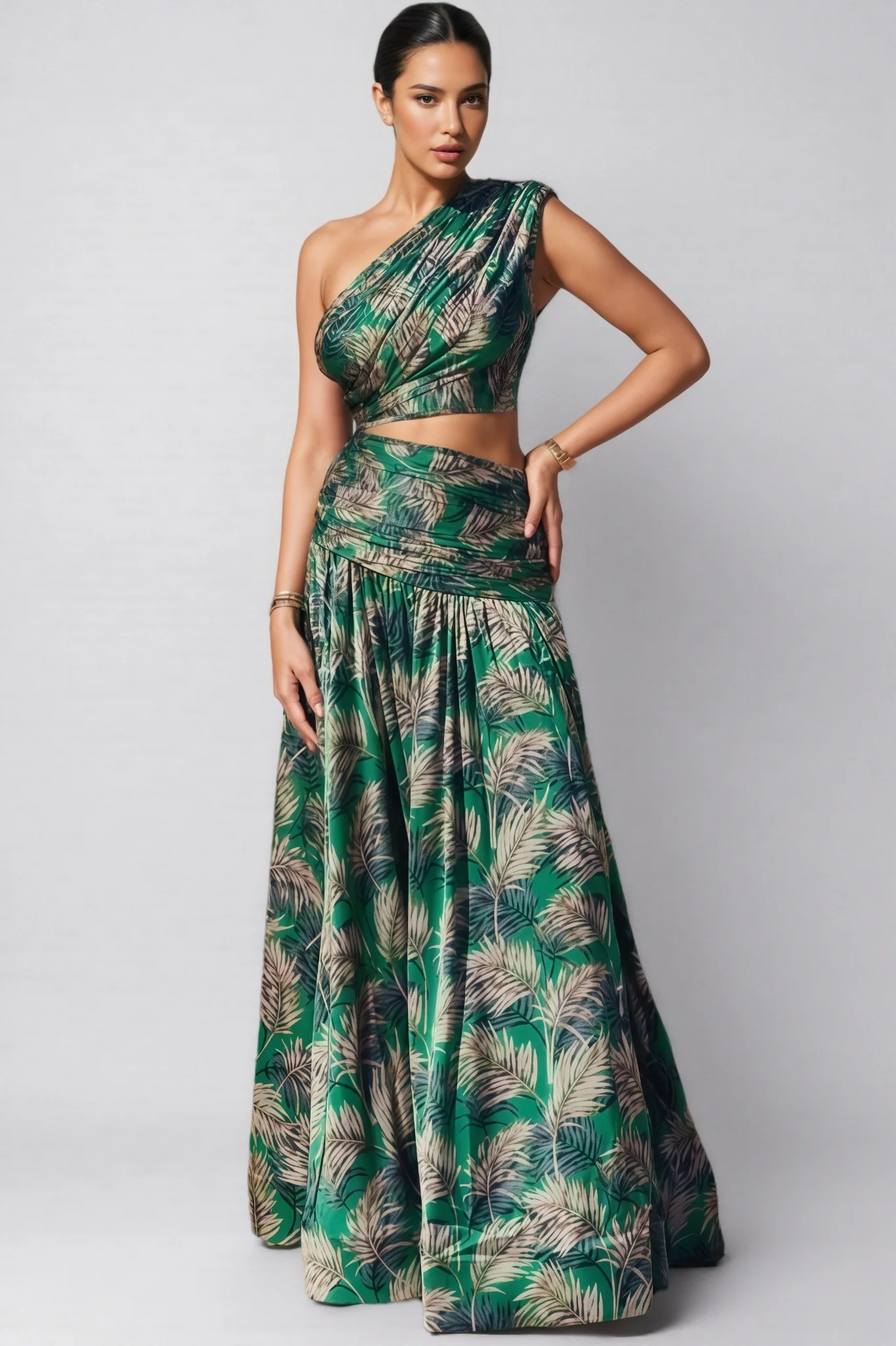 Dritad Green One-Shoulder Slit Maxi Dress Set