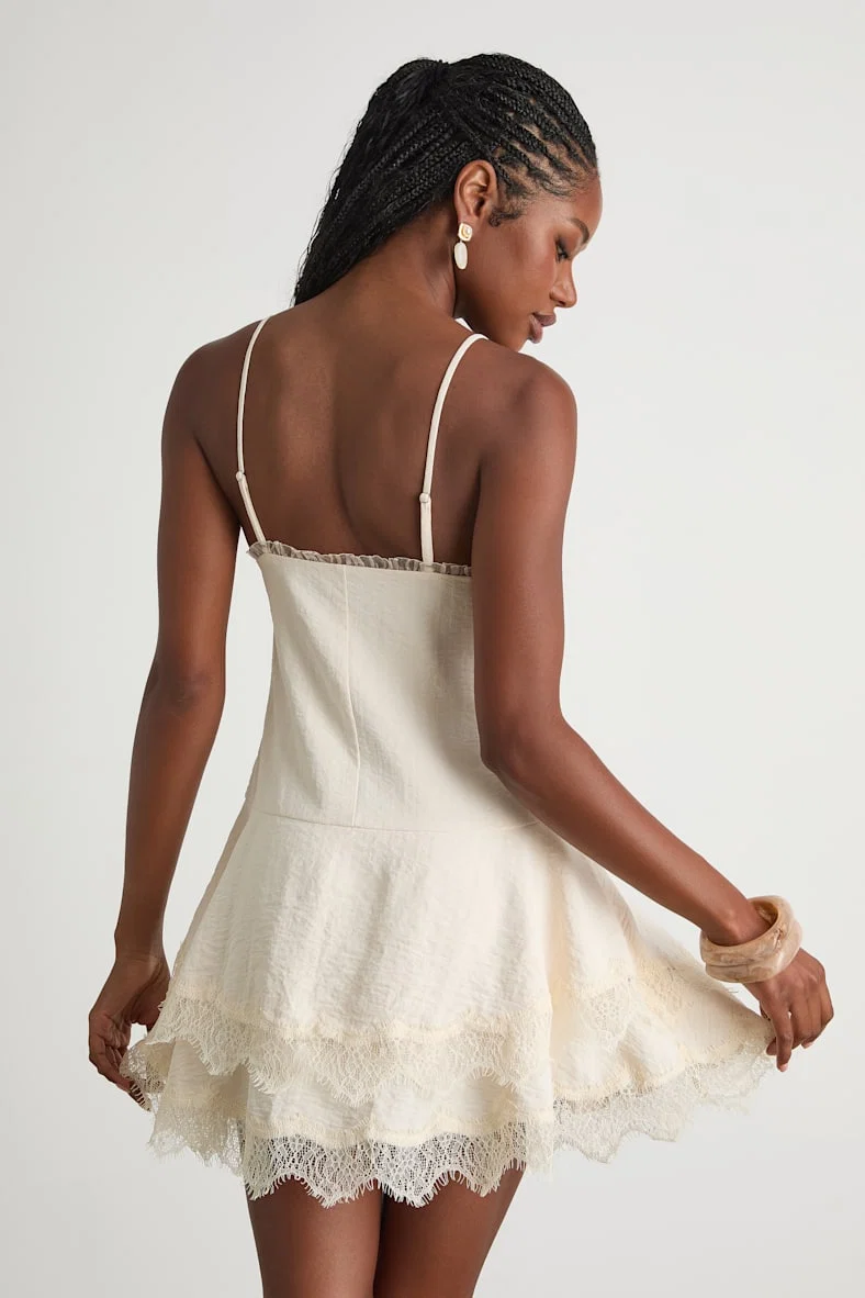 Sahima Cream Lace Tiered Mini Dress - luluinthesky