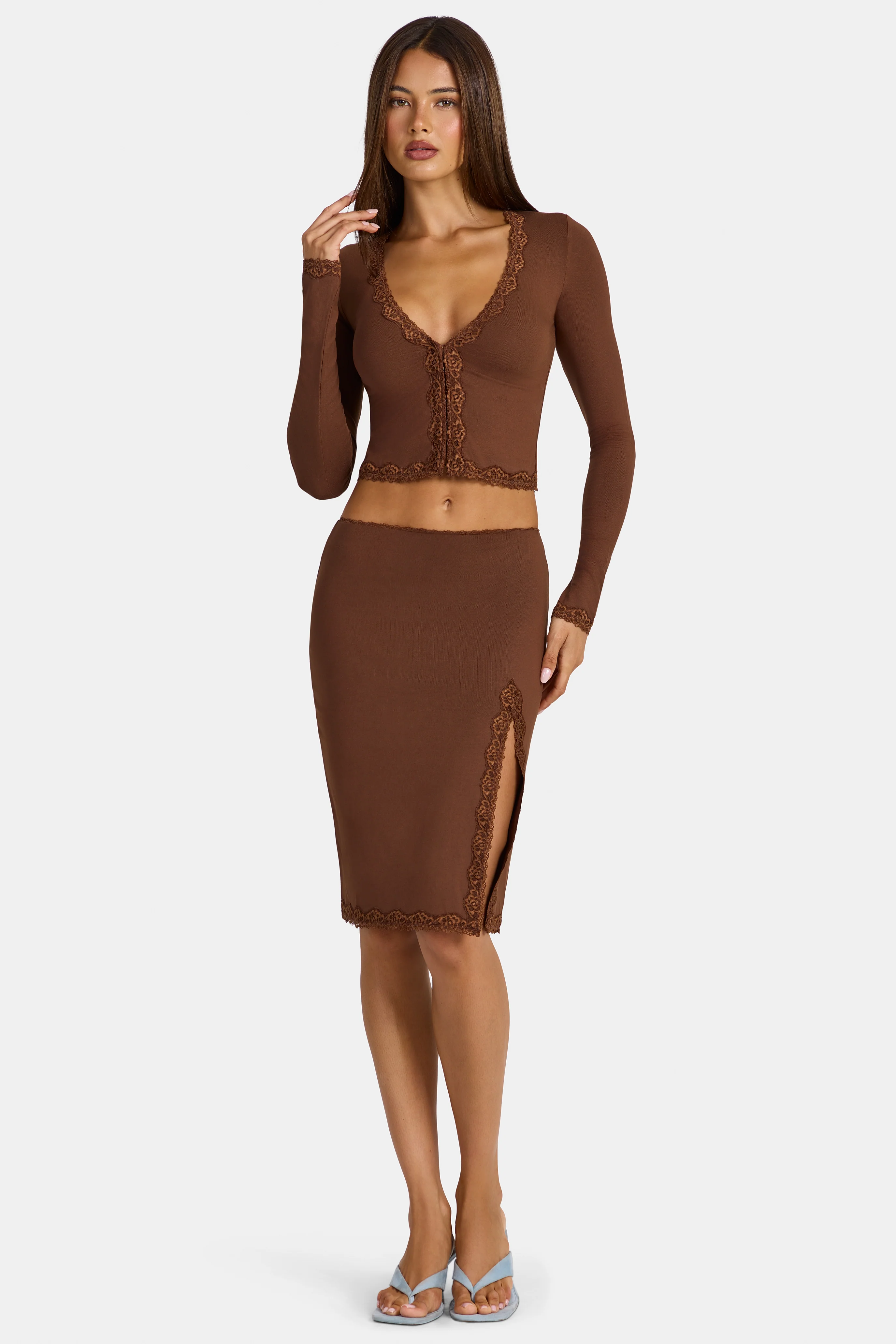 Modal Lace-Trim Low-Rise Midi Skirt in Cocoa Brown