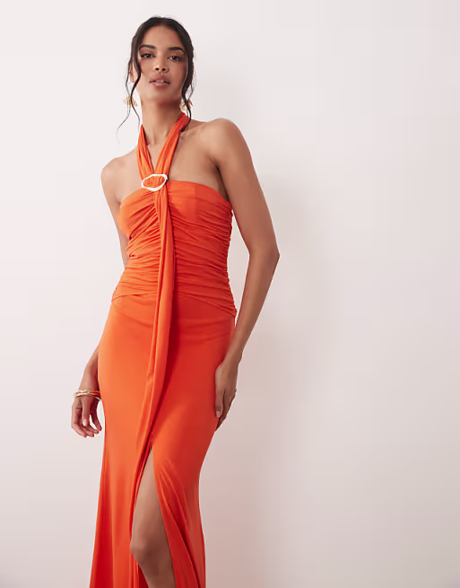 TFNC halterneck trim detail ruched maxi dress in bright orange