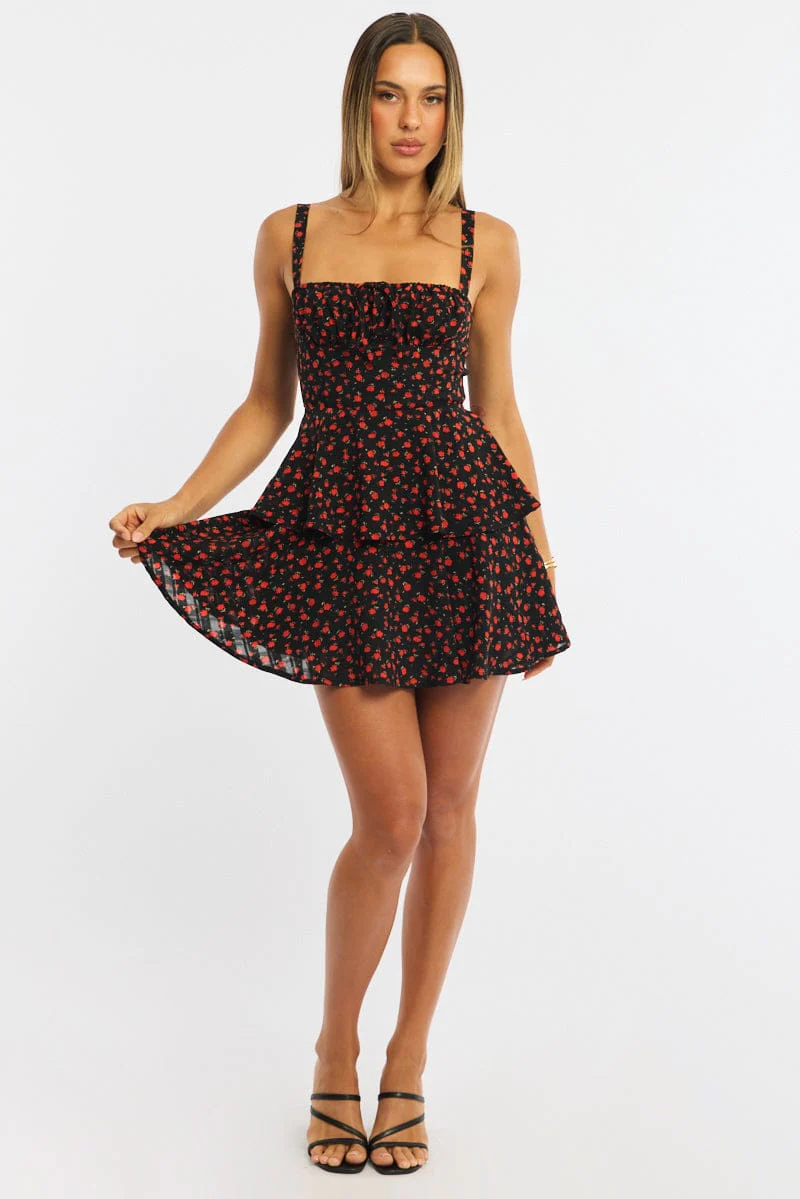 Black Ditsy Fit And Flare Dress Square Neck Mini