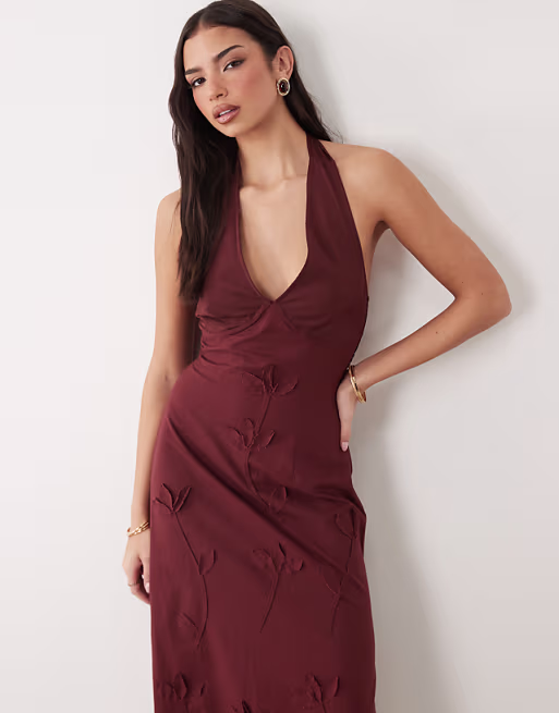 halter neck midi sundress with chiffon sculpted bust detail in chocolate