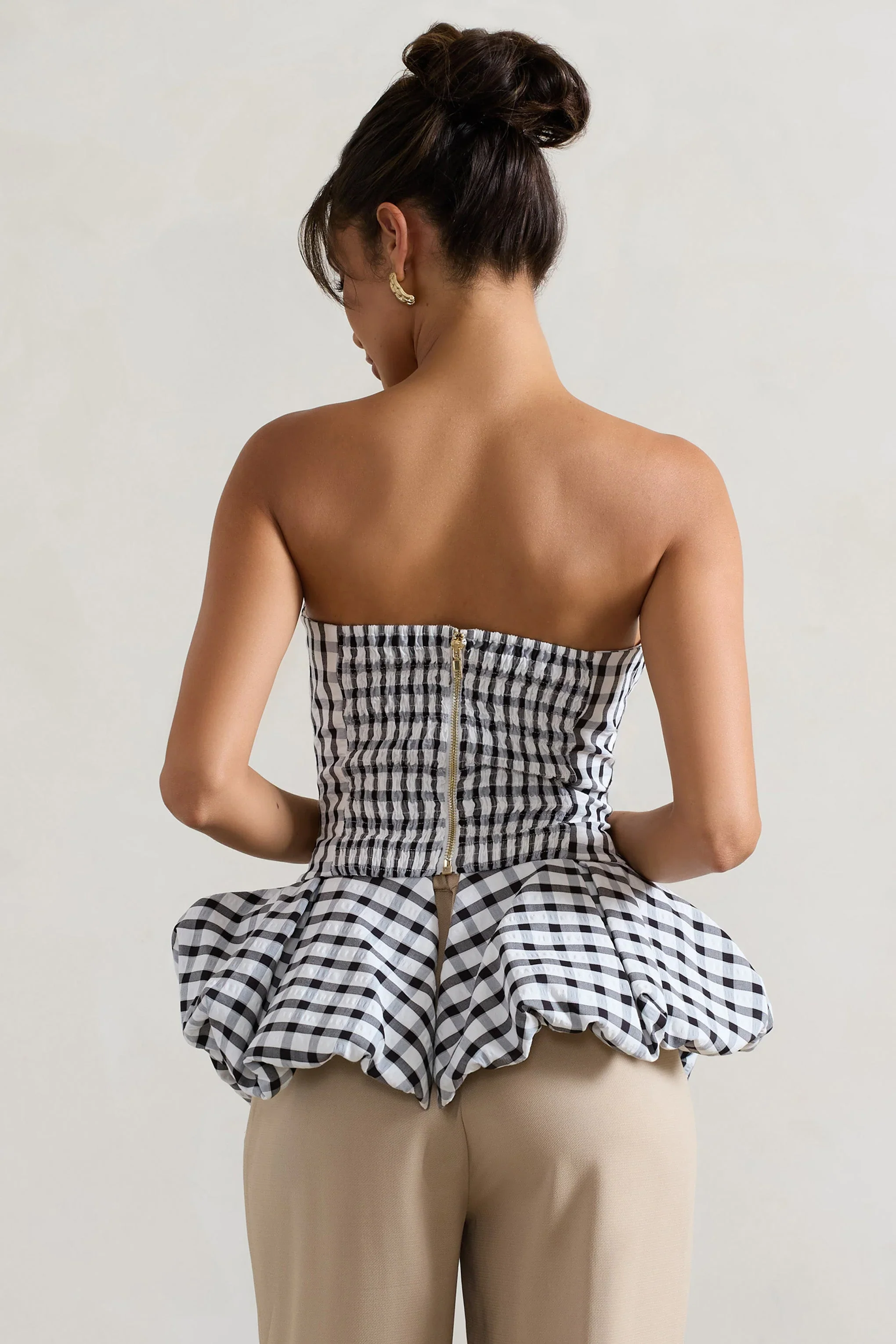 Roll With It | Black & White Gingham Bandeau Ruffle Top
