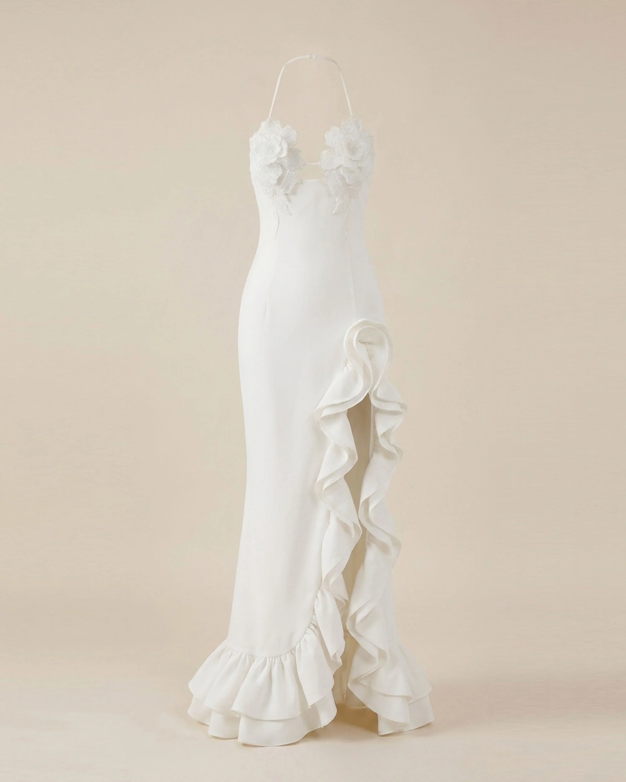 Flower Embroidered Ruffle Maxi Dress - White