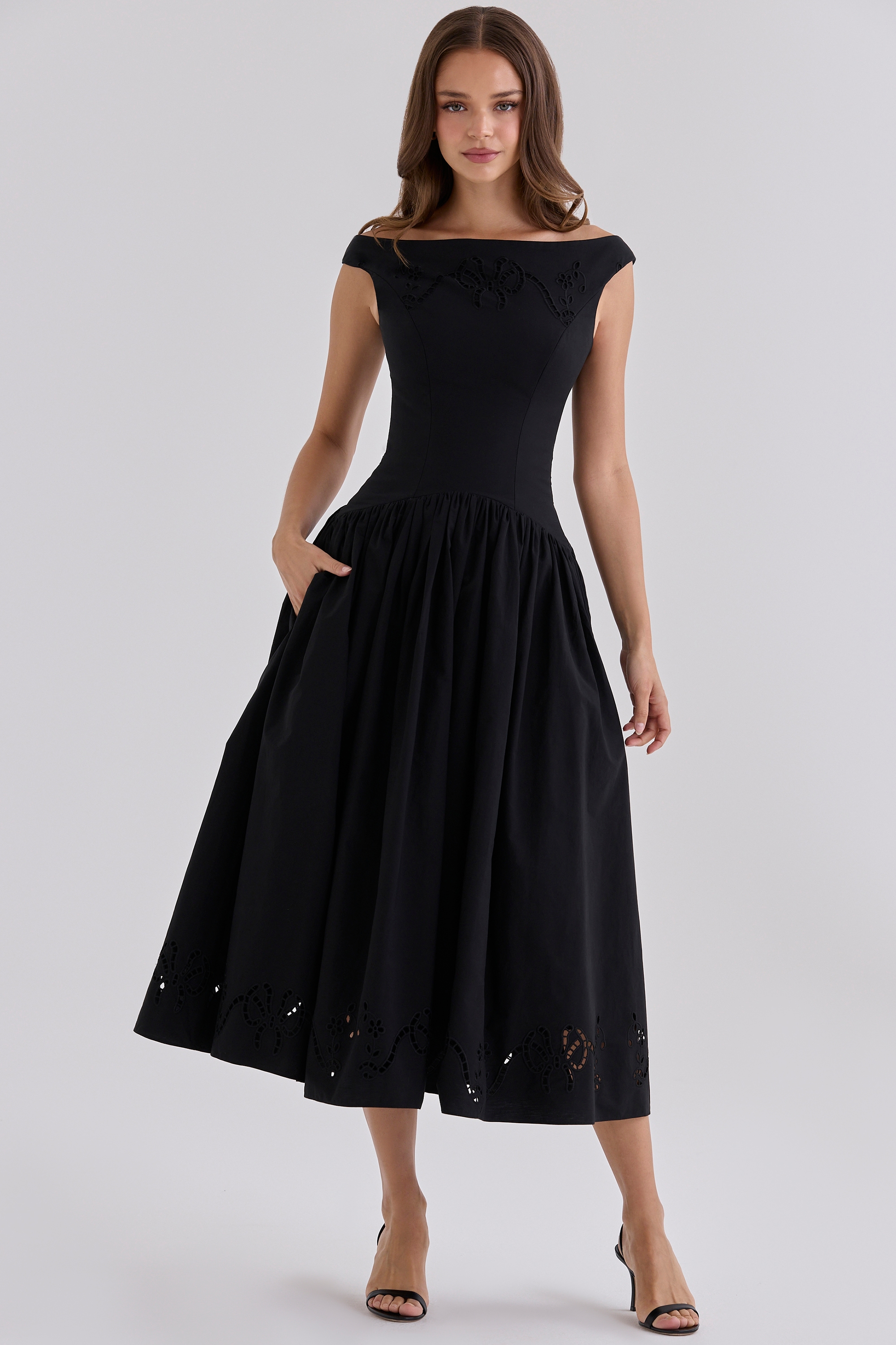 Black Custom Cotton Broderie Anglaise Boat Neck Maxi Dress