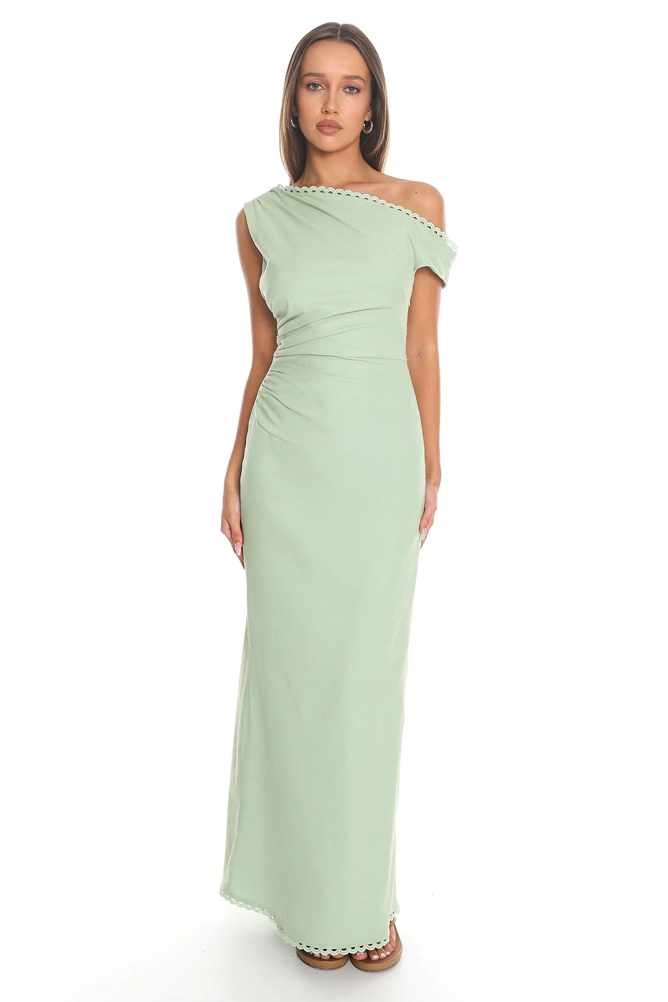 Neras Scalloped One-Shoulder Maxi Dress Sage