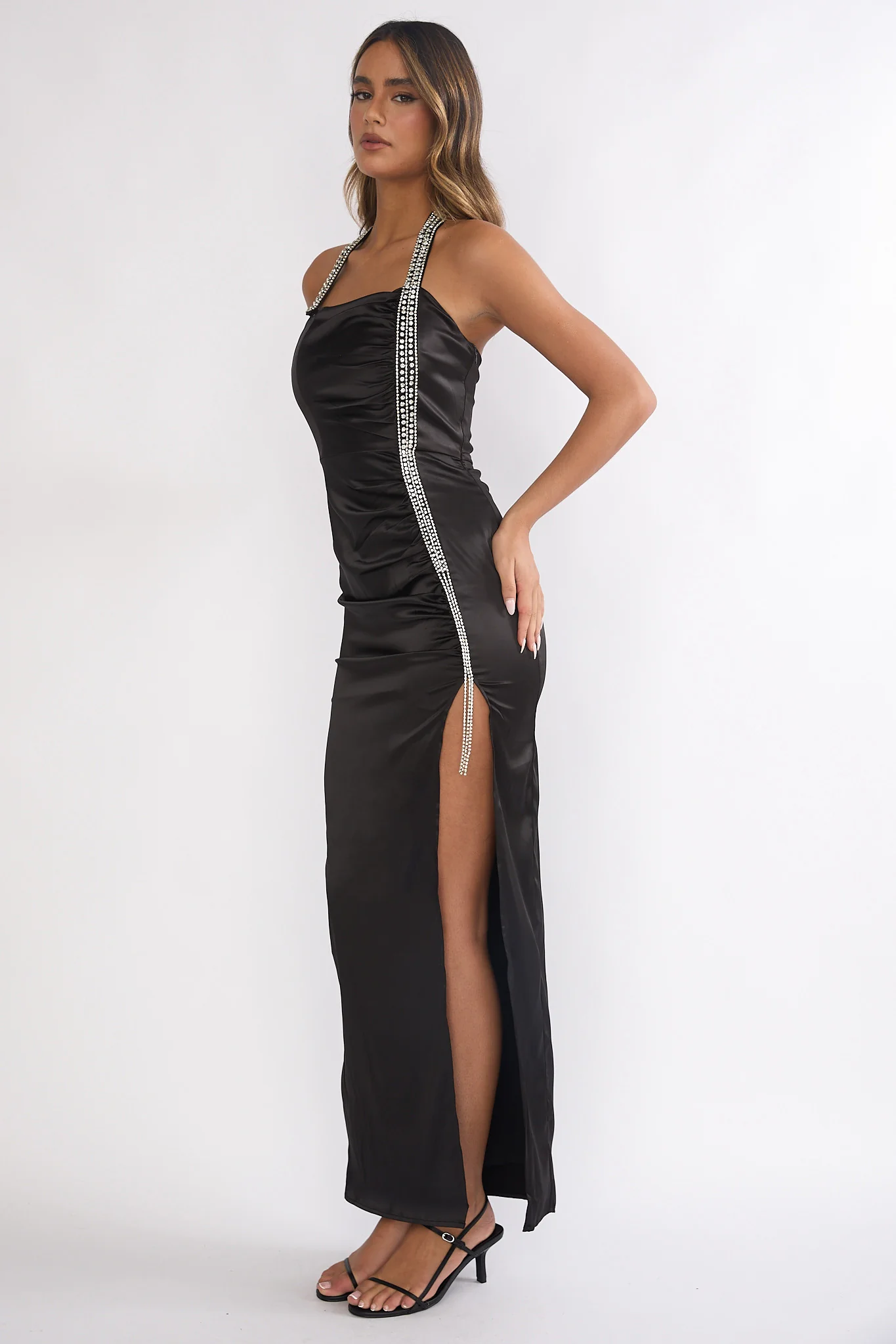 Glitterati Halter Diamante Maxi Dress Black - luluinthesky
