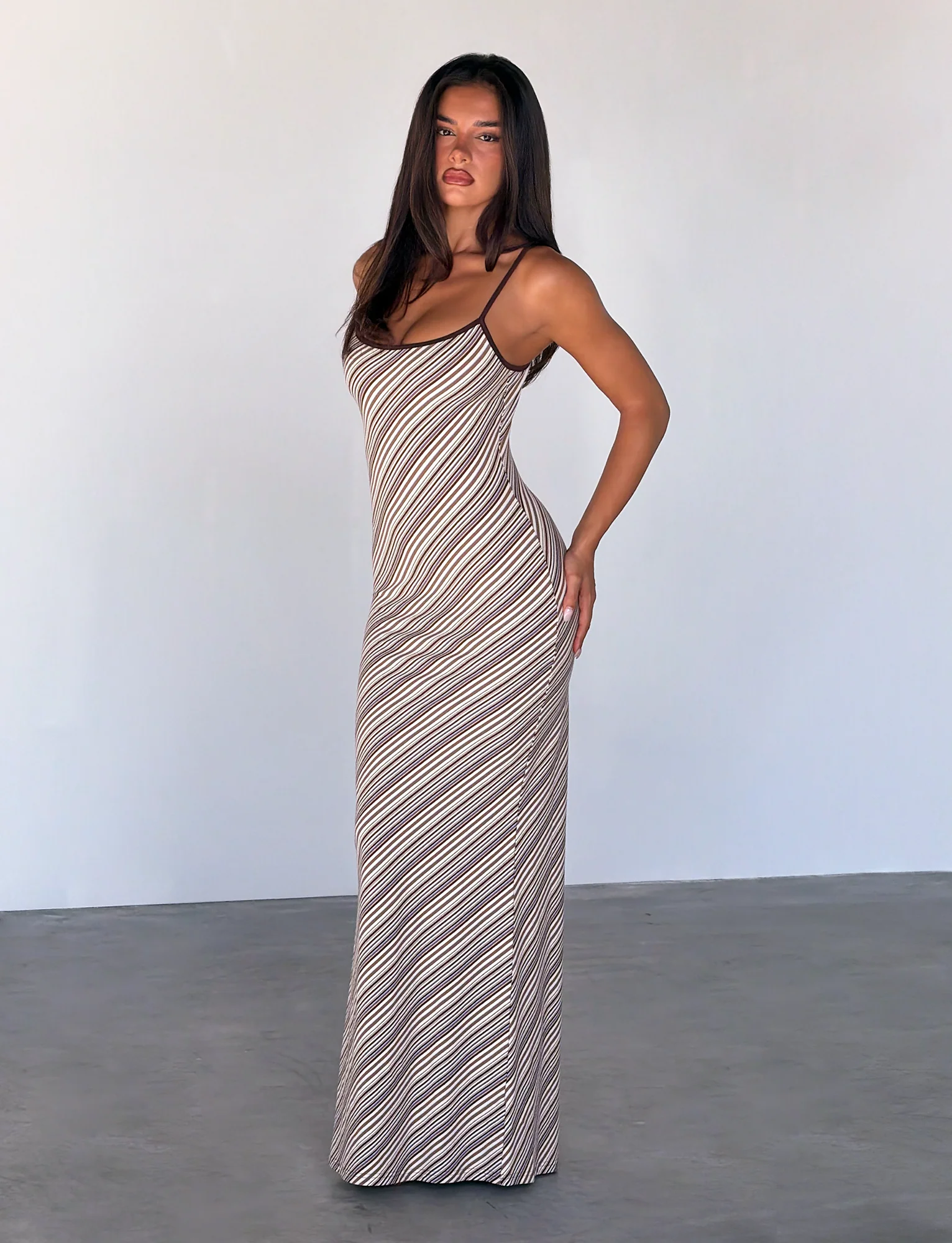 SLOANE MAXI DRESS - TAN AND CHOC STRIPE