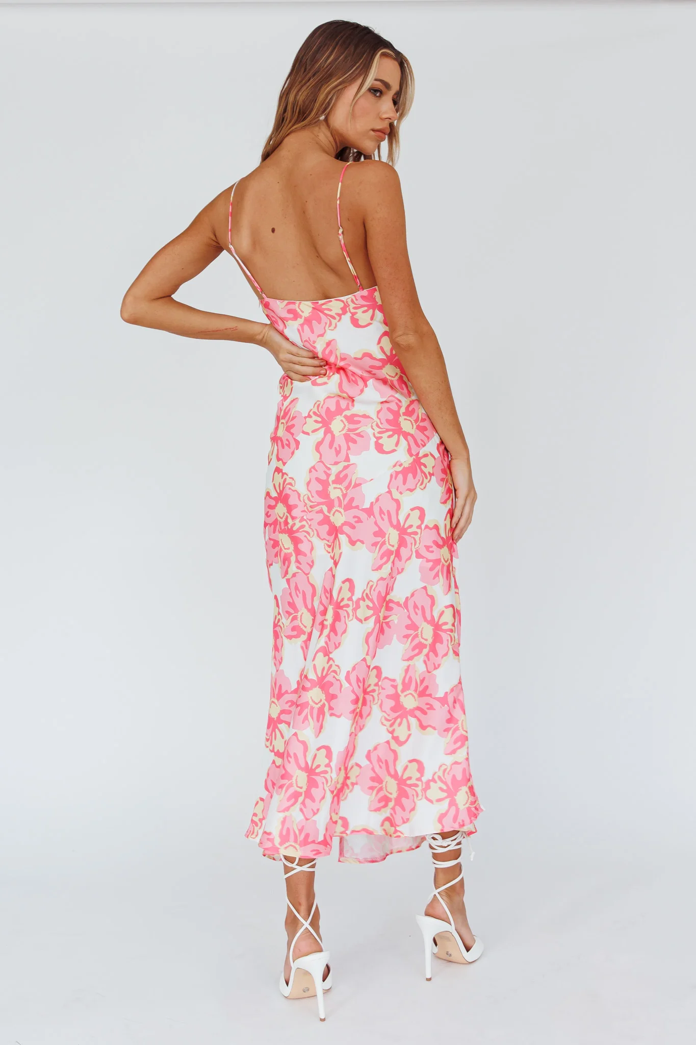 Well Versed Pleated Bust Front Split Dress Flowers Pink
