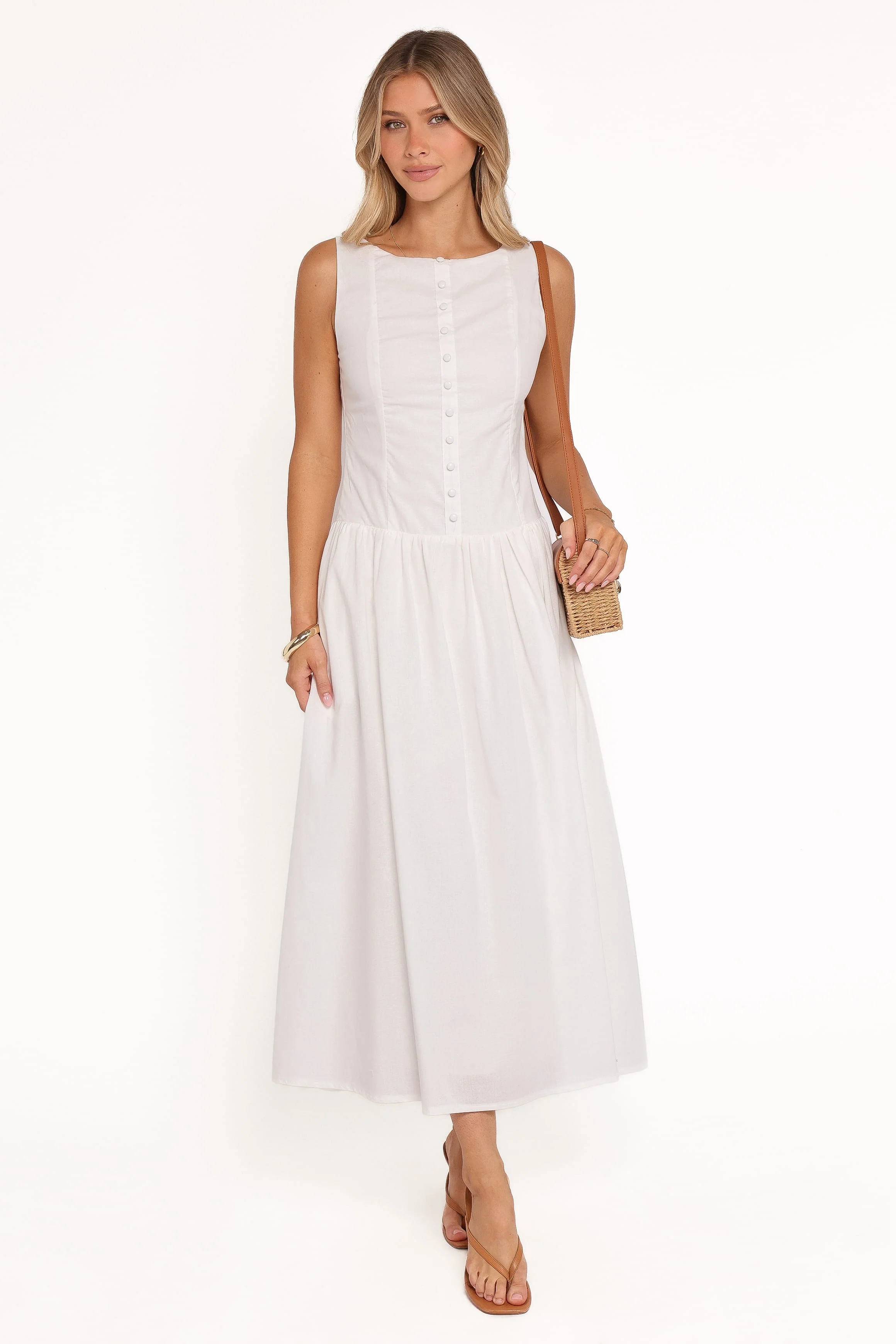 Evie Button Front Maxi Dress - White