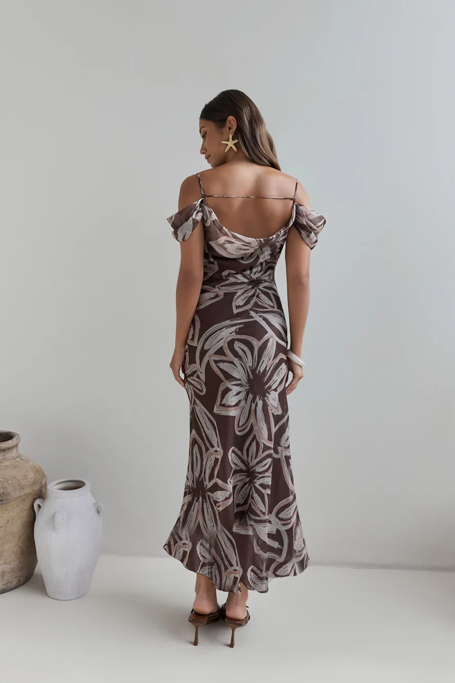 Desert Flower Off Shoulder Maxi Dress Brown