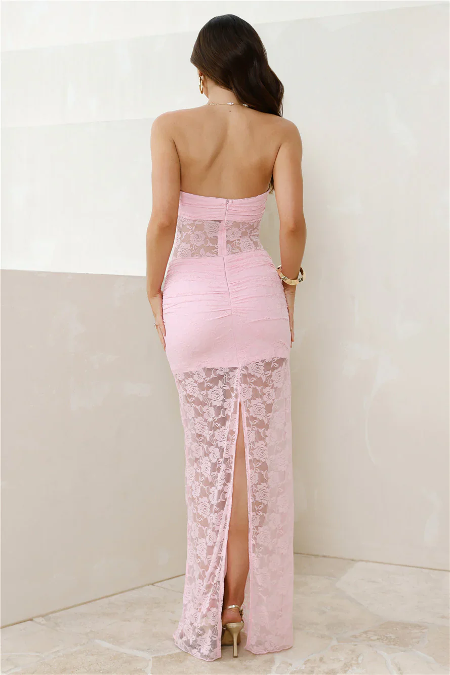 Princess Perks Strapless Lace Maxi Dress Pink - luluinthesky