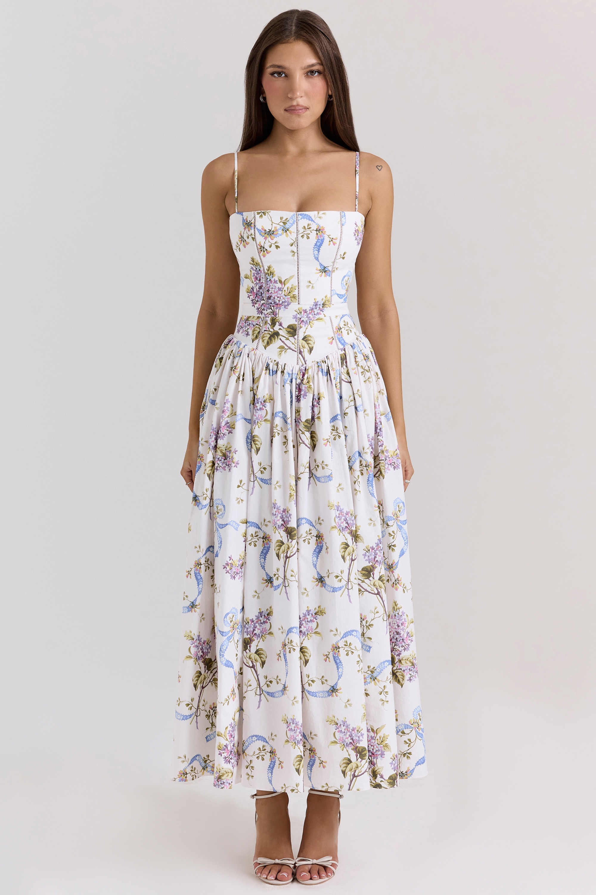 off white vintage ribbon print cotton midi sundress