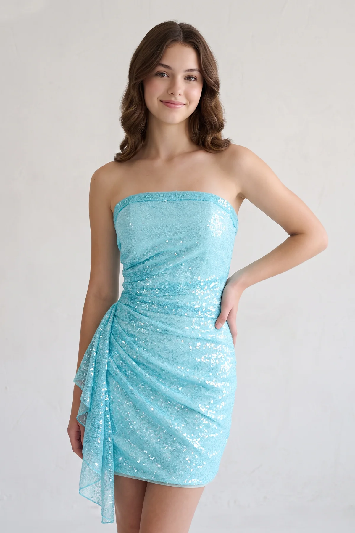 Navy Blue Strapless Sheath Sequins Mini Homecoming Dresses With Side Train