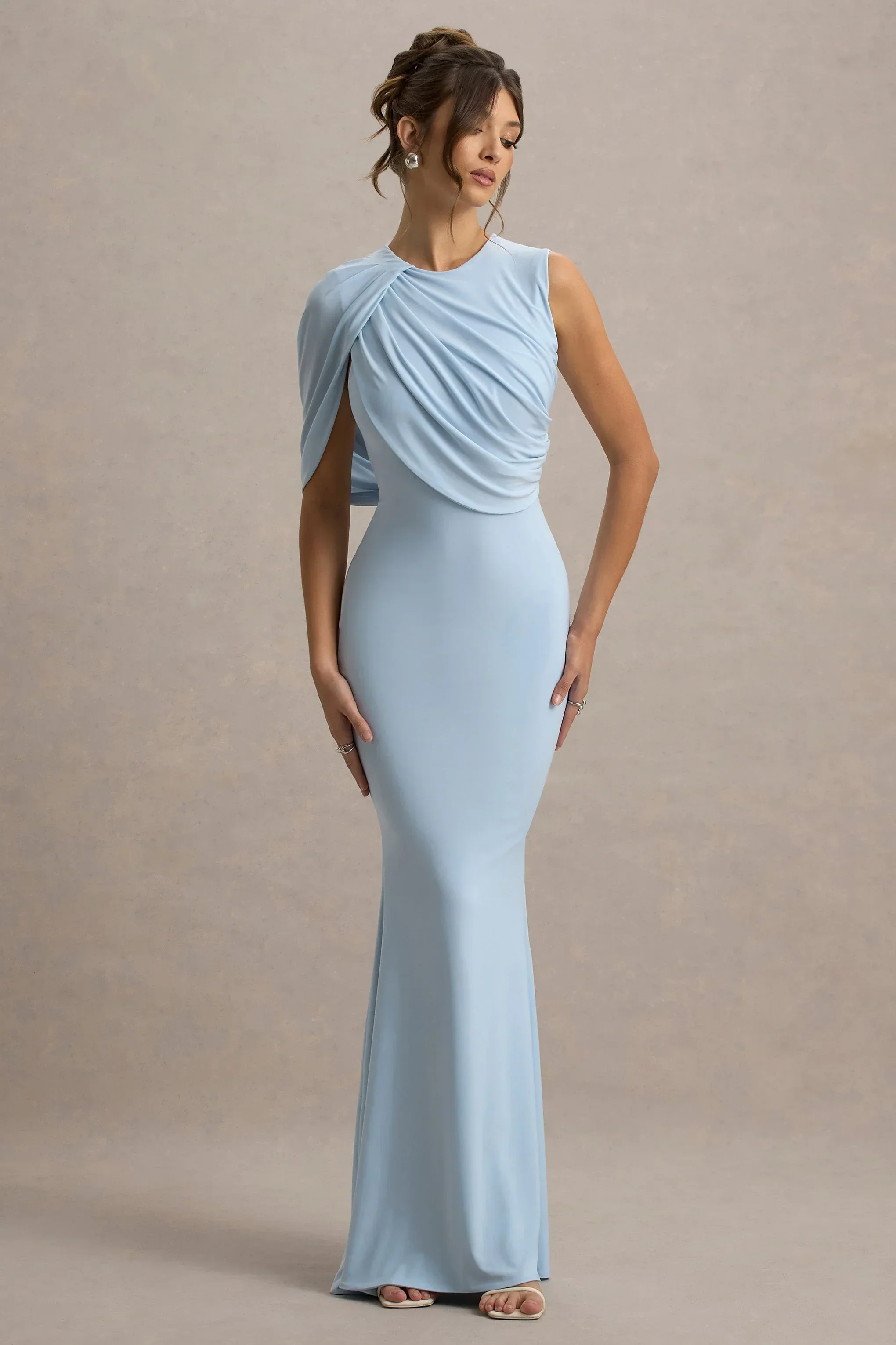 Rae | Powder Blue Maxi Dress With One-Sleeve Cape
