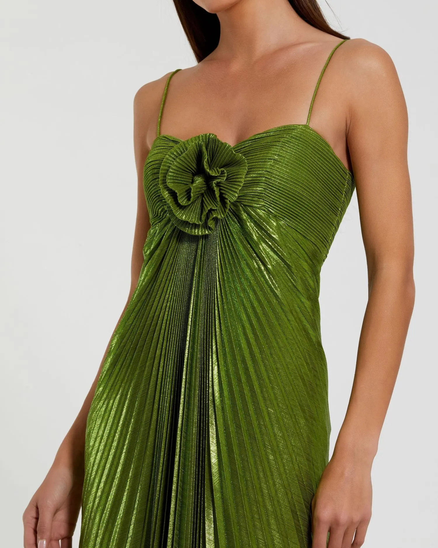 Green Metallic Pleated Gown With 3D Flower - luluinthesky