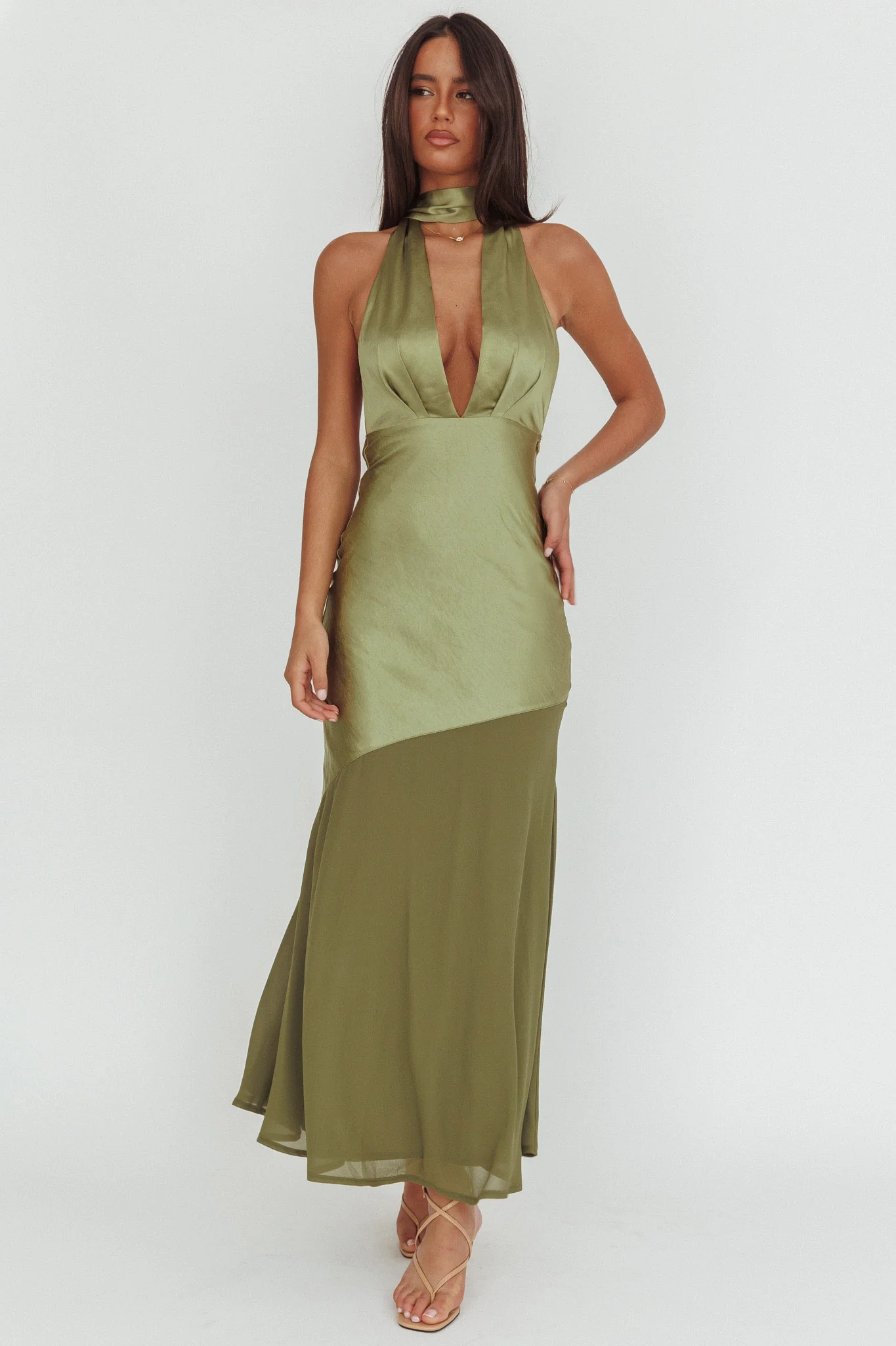 Italia Azure Halterneck Sheer Hem Maxi Dress Olive
