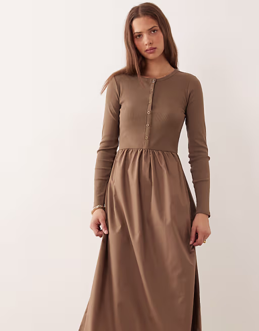 Threadbare jersey poplin mix midi dress with button up top in mocha