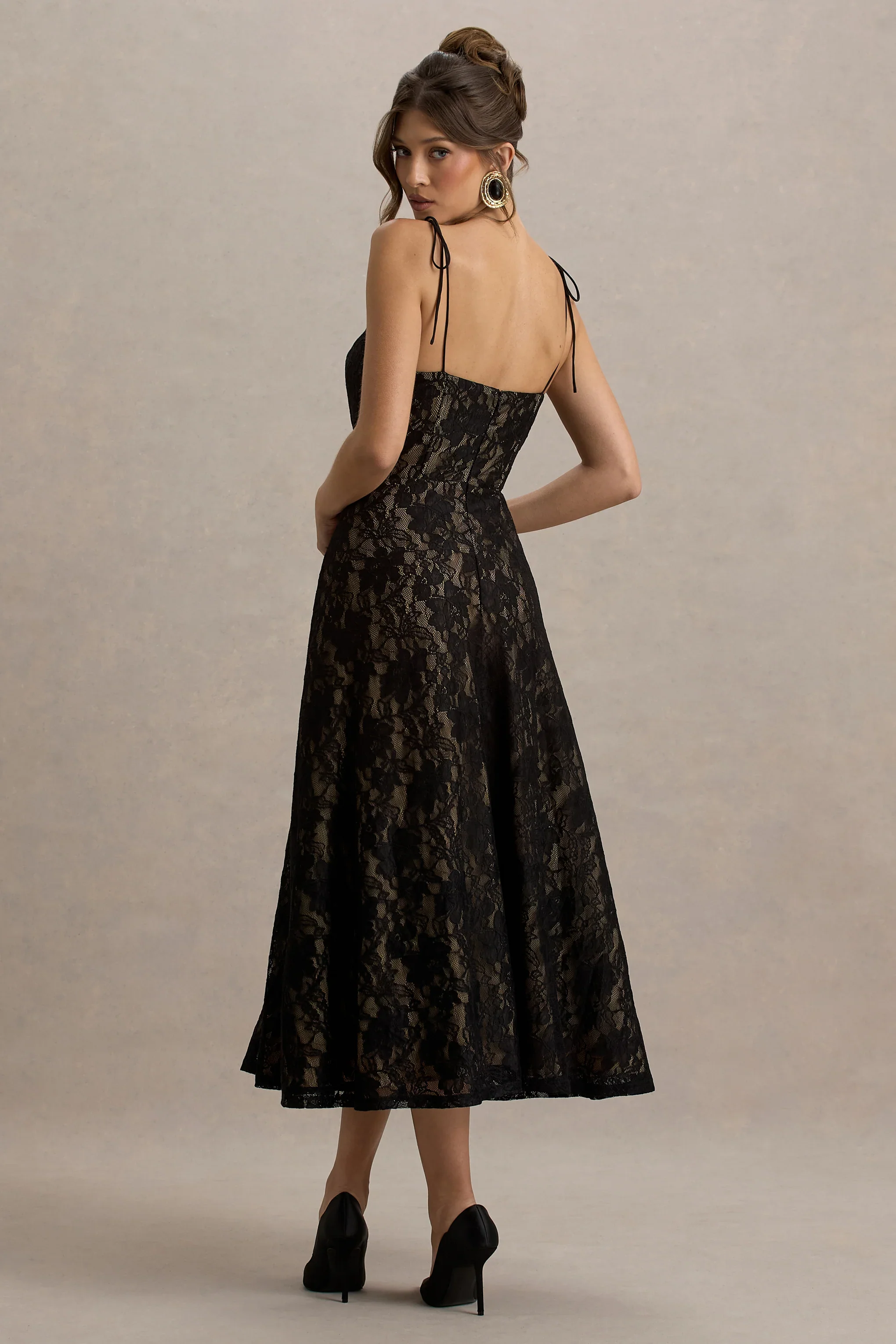 Sheridan | Black Lace Sweetheart Midi Dress With Backless Detail
