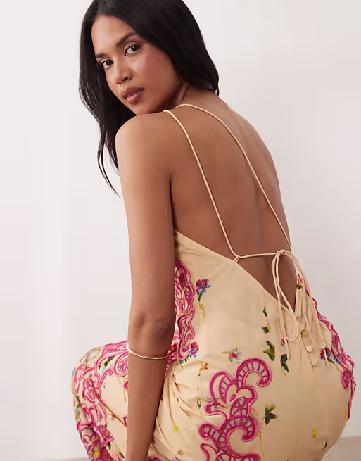 cutwork floral printed one shoulder bias cut maxi dress