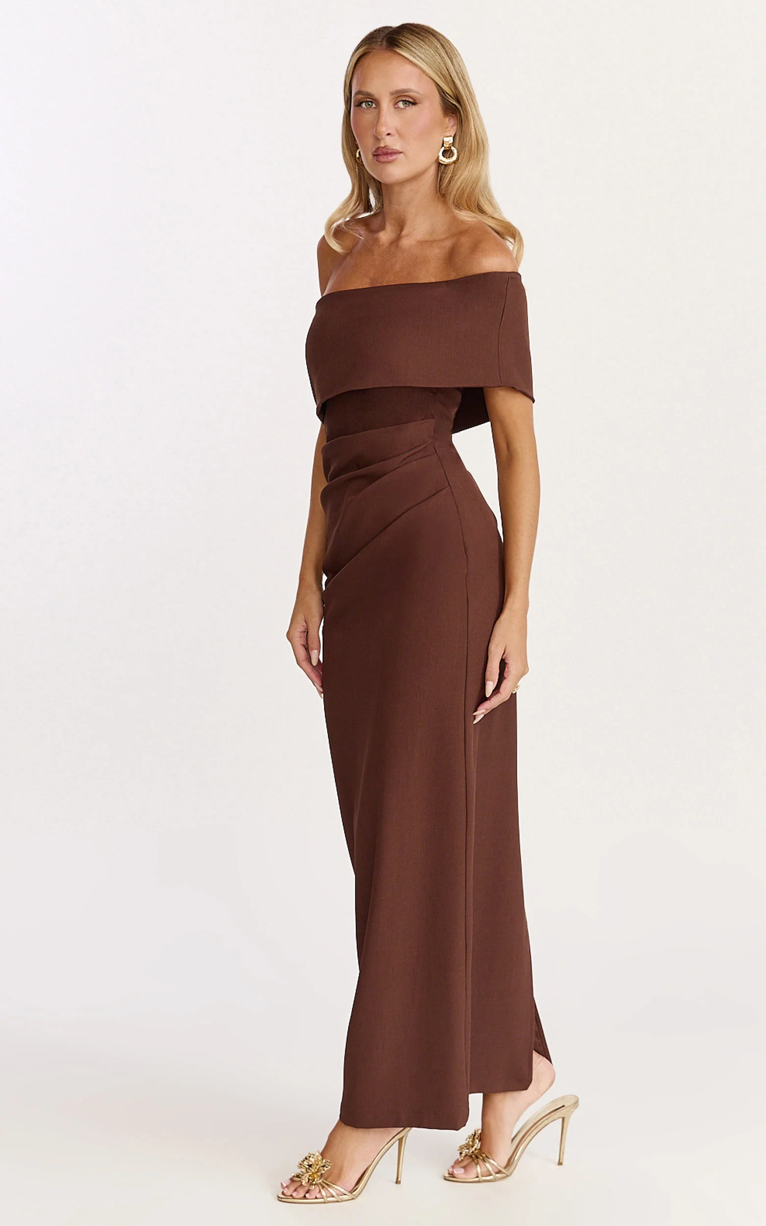 Pearce Maxi Dress - Gathered One Sleeve Bodycon Dress in Brown