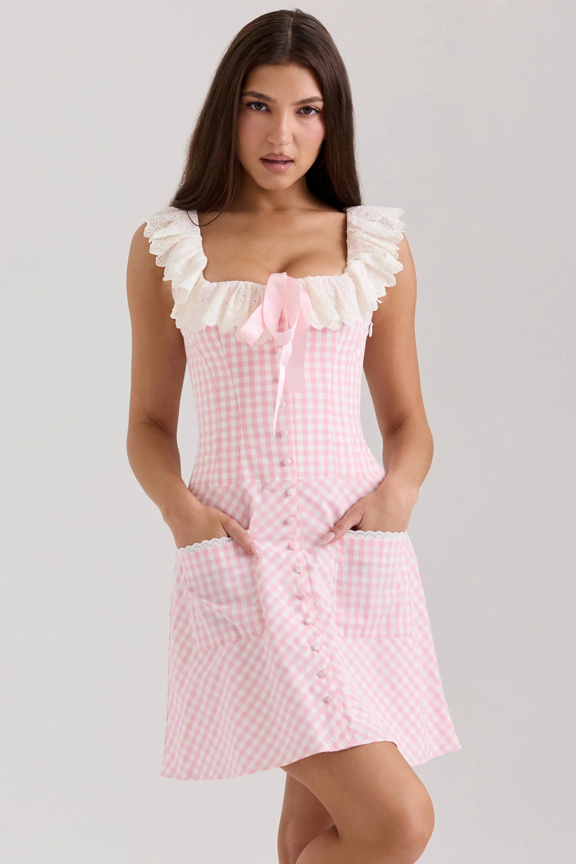 Pink Gingham Cotton Ruffle Neck Mini Dress