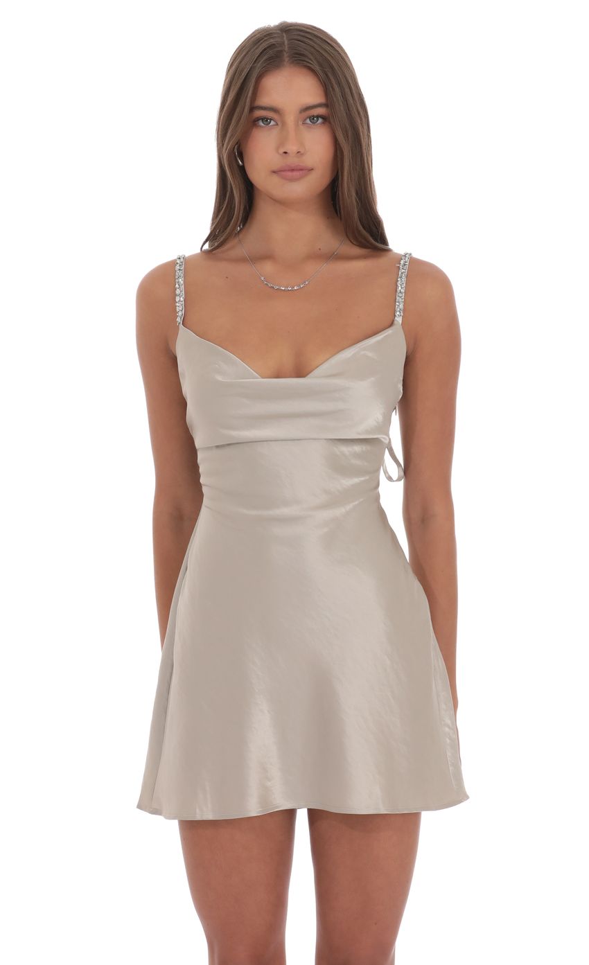 Rhinestone Strap Satin Dress in Taupe