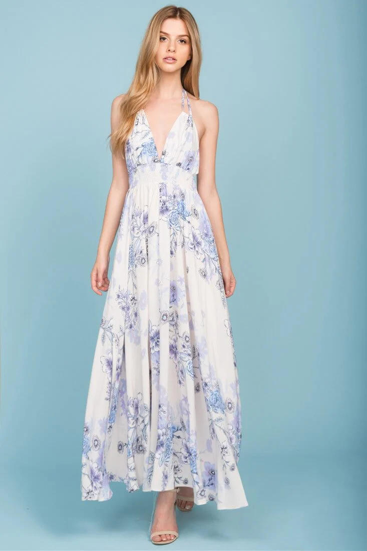 Baylor Floral Print Open Back Maxi Dress Beige