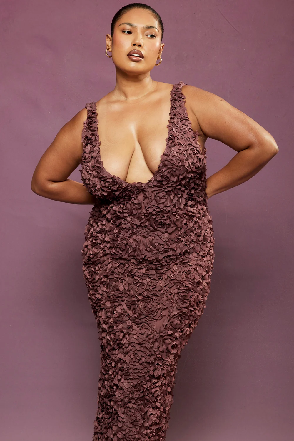 Merlot Plunge Floral Appliqué Maxi Dress