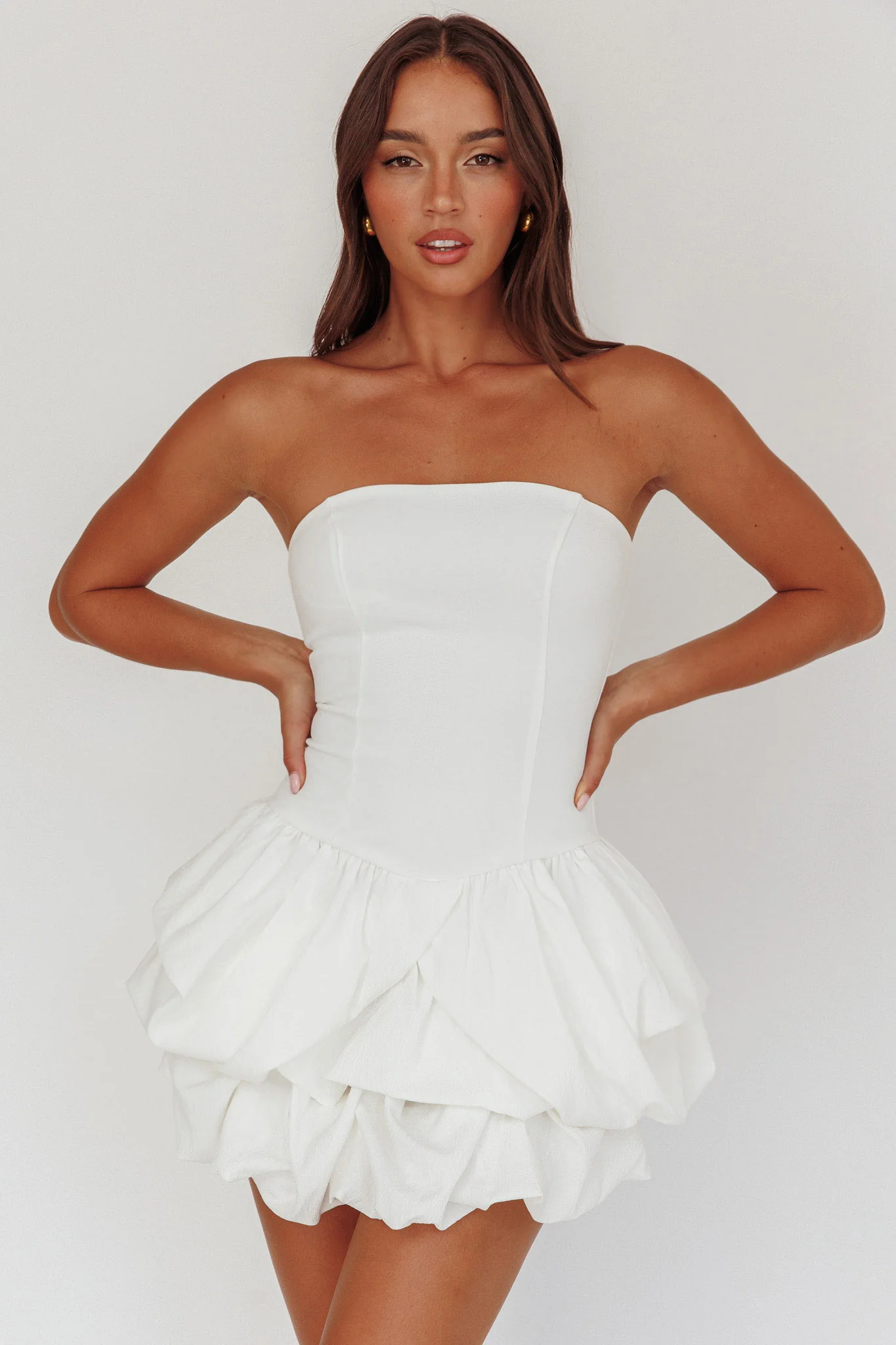Nefiti Strapless Layered Bubble Hem Dress White - luluinthesky