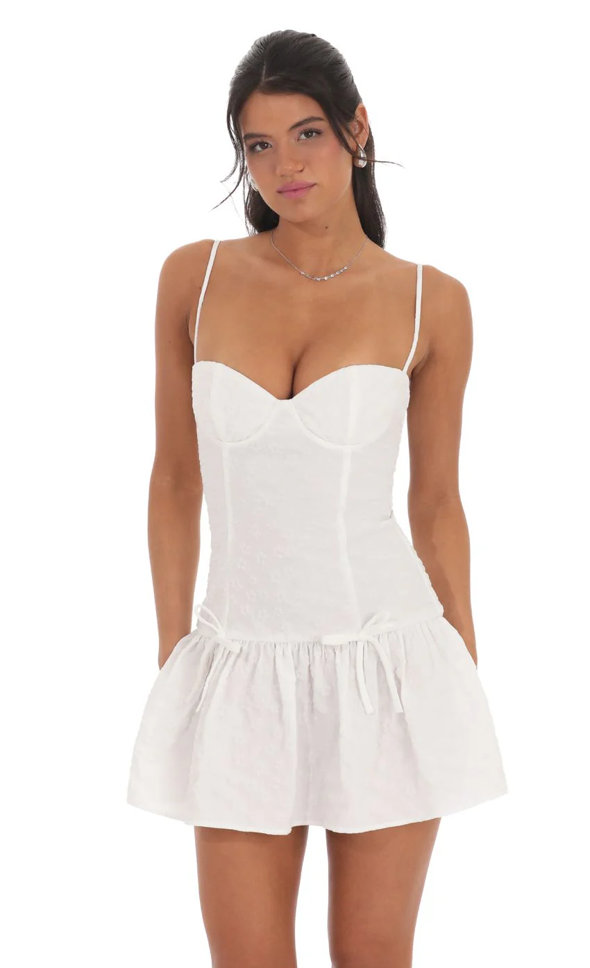 Floral Double Bow Drop Waist Dress in White